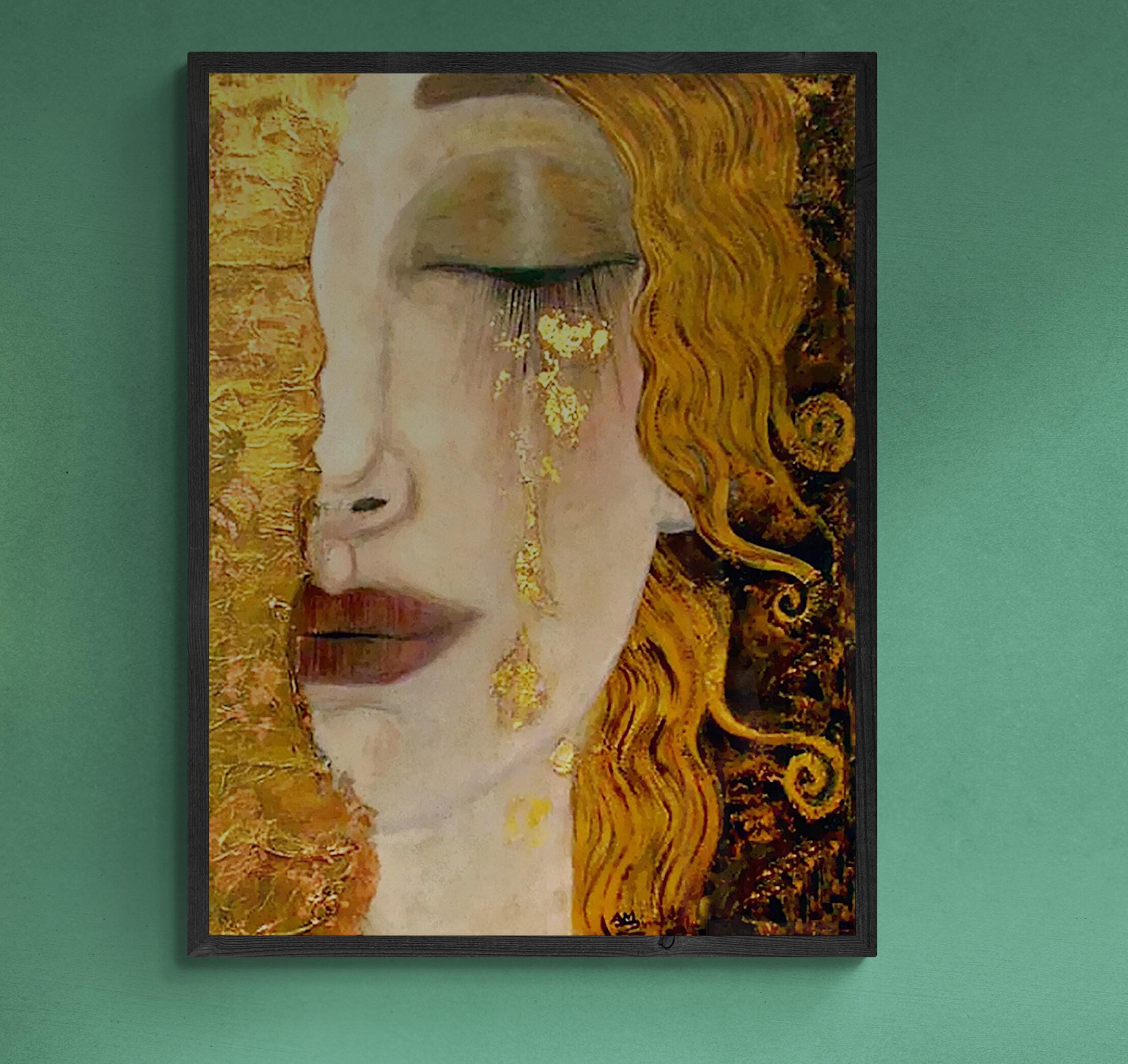 Golden Tears Art Print | Gustav Klimt-Inspired Wall Art | Freya's Tears Canvas | 3D texture Print with Brush Strokes | Elegant Women’s Décor FOSHE ART