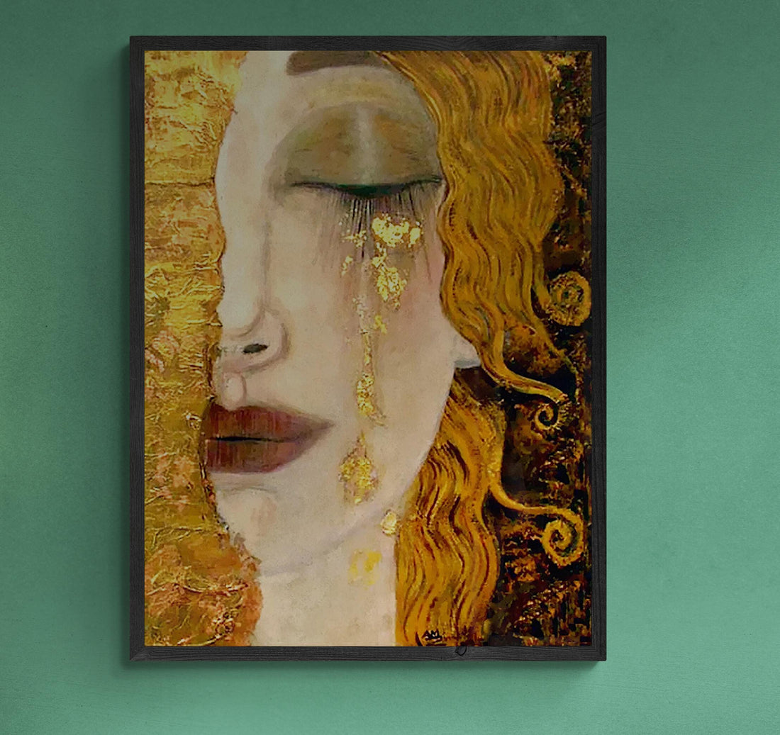 Golden Tears Art Print | Gustav Klimt-Inspired Wall Art | Freya's Tears Canvas | 3D texture Print with Brush Strokes | Elegant Women’s Décor FOSHE ART