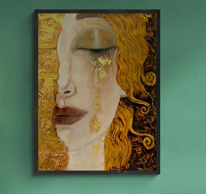 Golden Tears Art Print | Gustav Klimt-Inspired Wall Art | Freya's Tears Canvas | 3D texture Print with Brush Strokes | Elegant Women’s Décor FOSHE ART