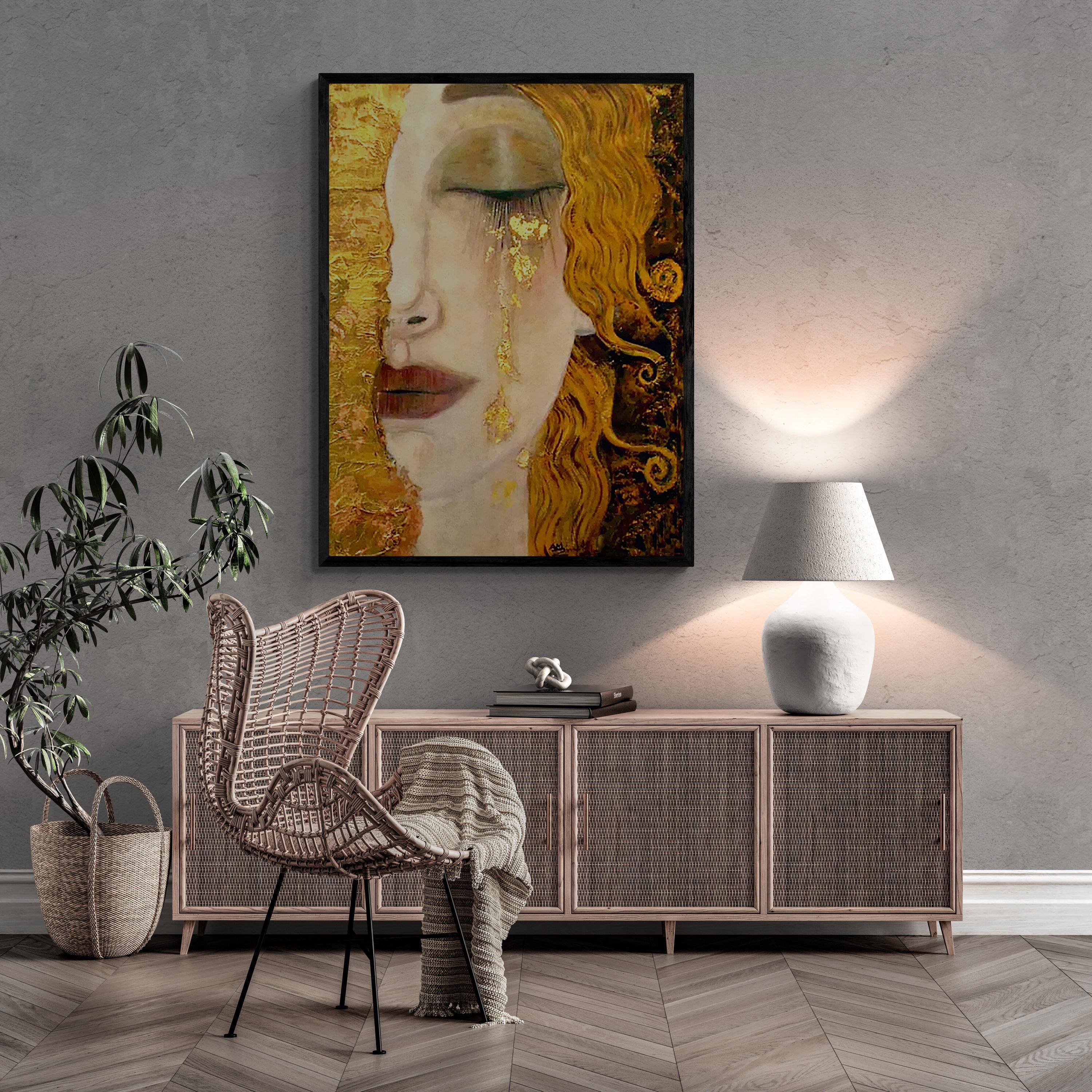 Golden Tears Art Print | Gustav Klimt-Inspired Wall Art | Freya's Tears Canvas | 3D texture Print with Brush Strokes | Elegant Women’s Décor FOSHE ART