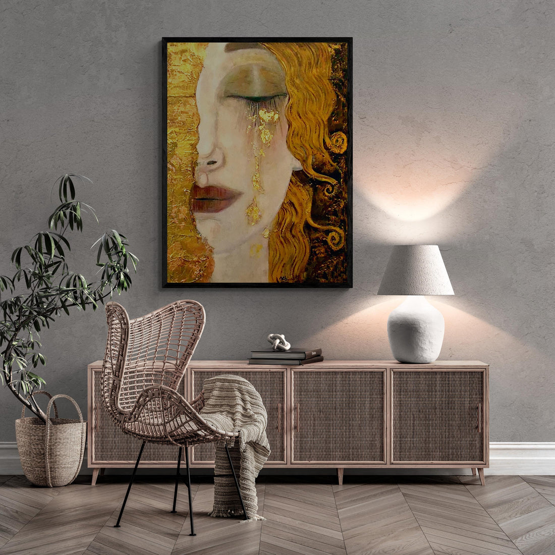 Golden Tears Art Print | Gustav Klimt-Inspired Wall Art | Freya's Tears Canvas | 3D texture Print with Brush Strokes | Elegant Women’s Décor FOSHE ART