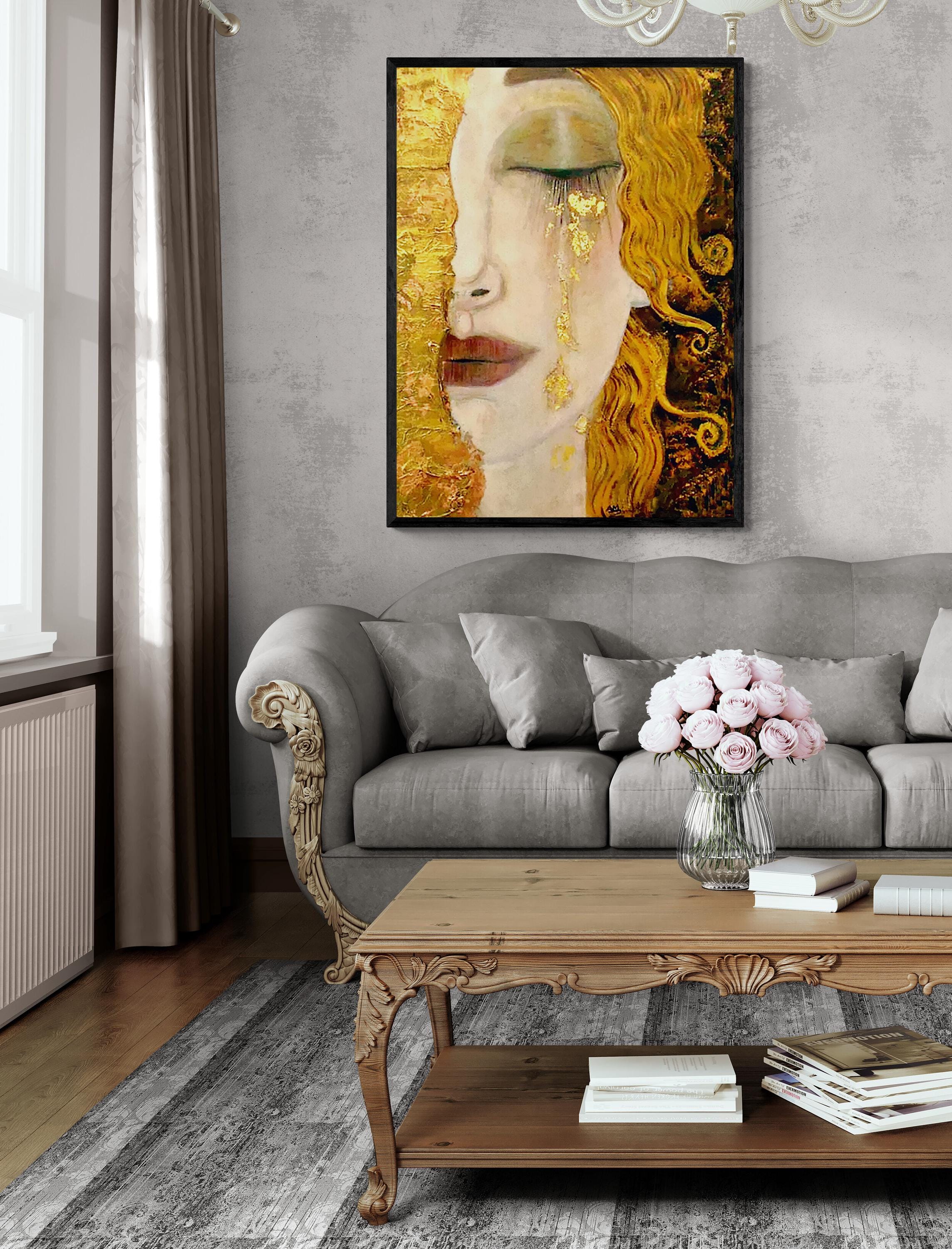 Golden Tears Art Print | Gustav Klimt-Inspired Wall Art | Freya's Tears Canvas | 3D texture Print with Brush Strokes | Elegant Women’s Décor FOSHE ART