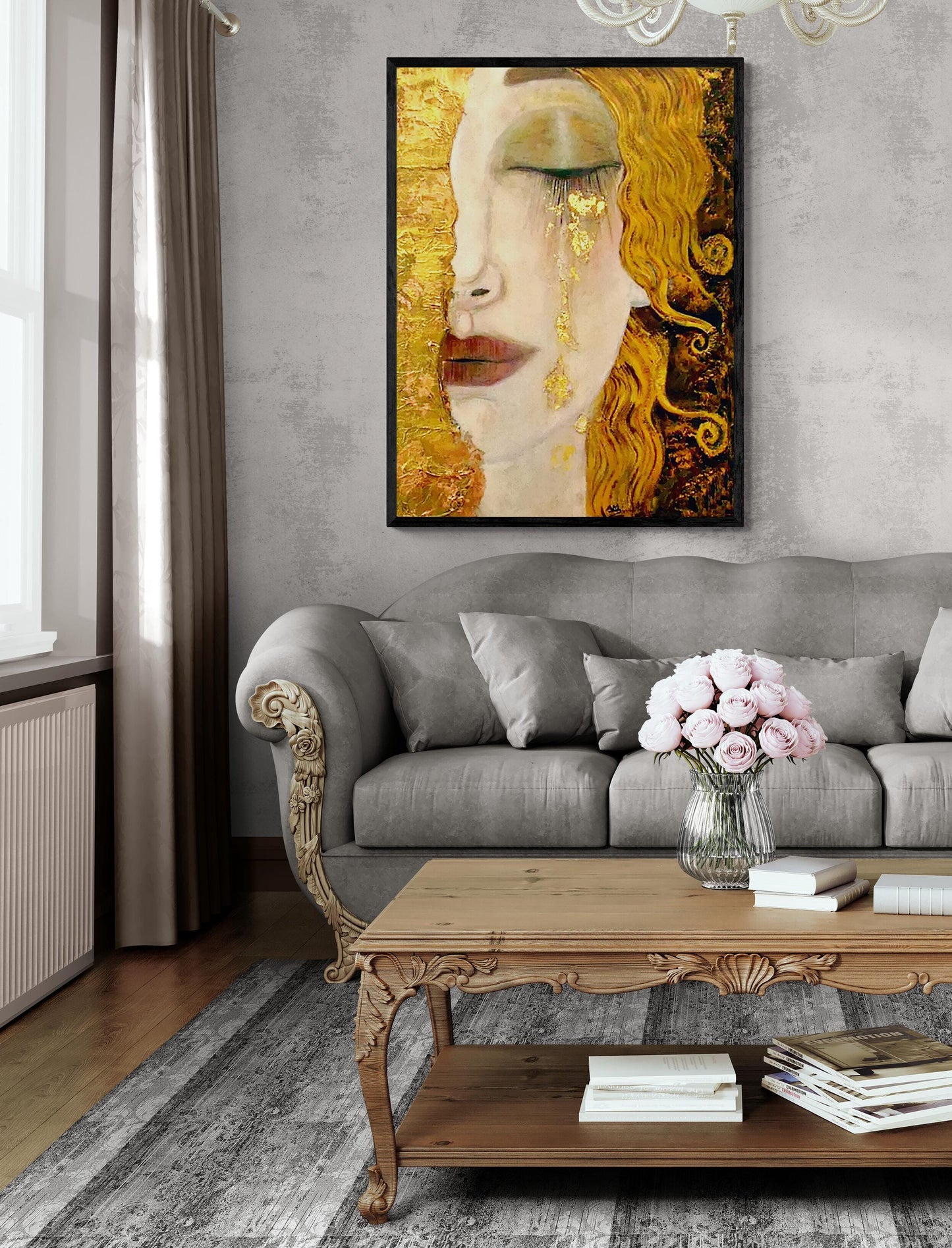 Golden Tears Art Print | Gustav Klimt-Inspired Wall Art | Freya's Tears Canvas | 3D texture Print with Brush Strokes | Elegant Women’s Décor FOSHE ART