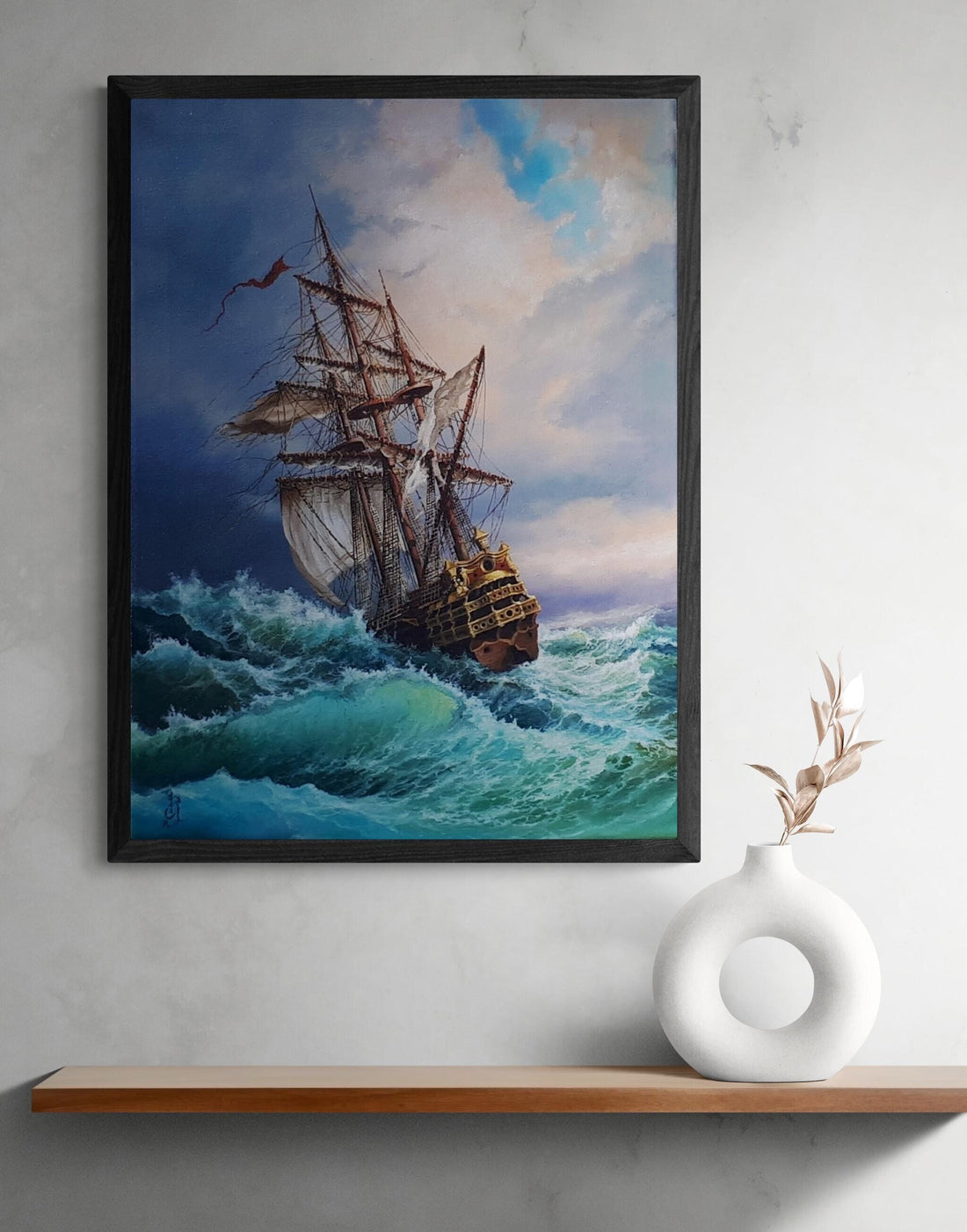 Sailing Ship Art Print | Seascape Painting, Storm at Sea FOSHE ART