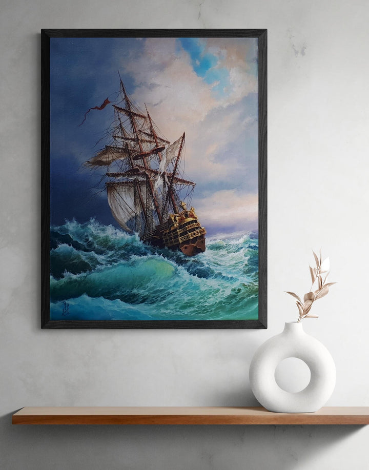 Sailing Ship Art Print | Seascape Painting, Storm at Sea FOSHE ART