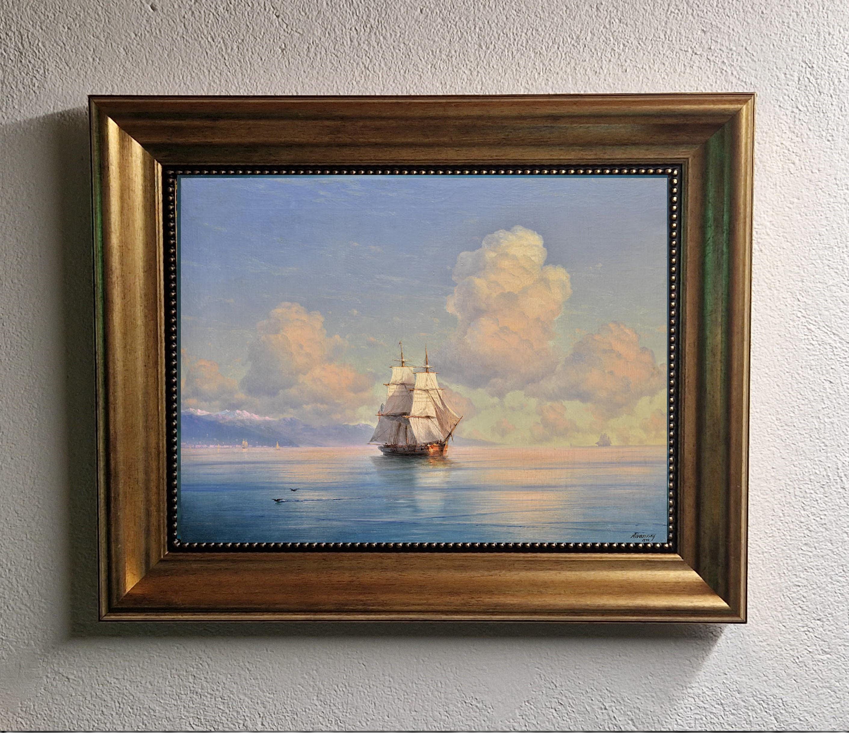 Aivazovsky Ship Giclée Canvas Print | 3D Brush Stroke, Golden Vintage Frame FOSHE ART