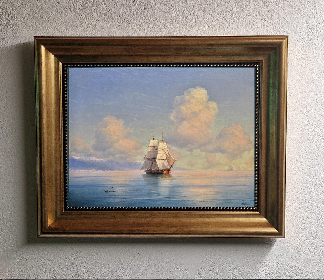 Aivazovsky Ship Giclée Canvas Print | 3D Brush Stroke, Golden Vintage Frame FOSHE ART
