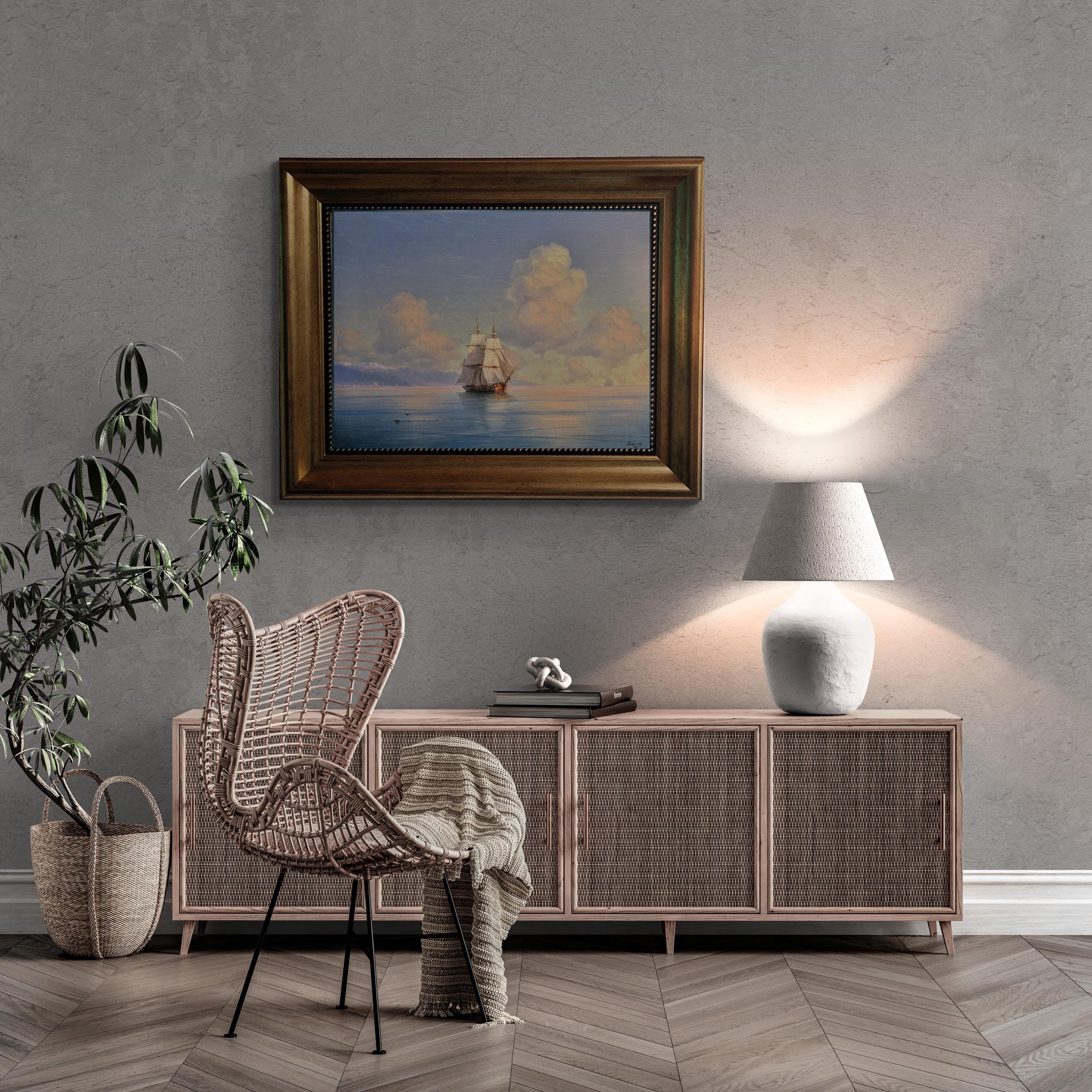 Ship off the coast Painting by Ivan Aivazovsky, Giclée canvas 3D hand finished premium print with brush strokes and golden vintageous frame.