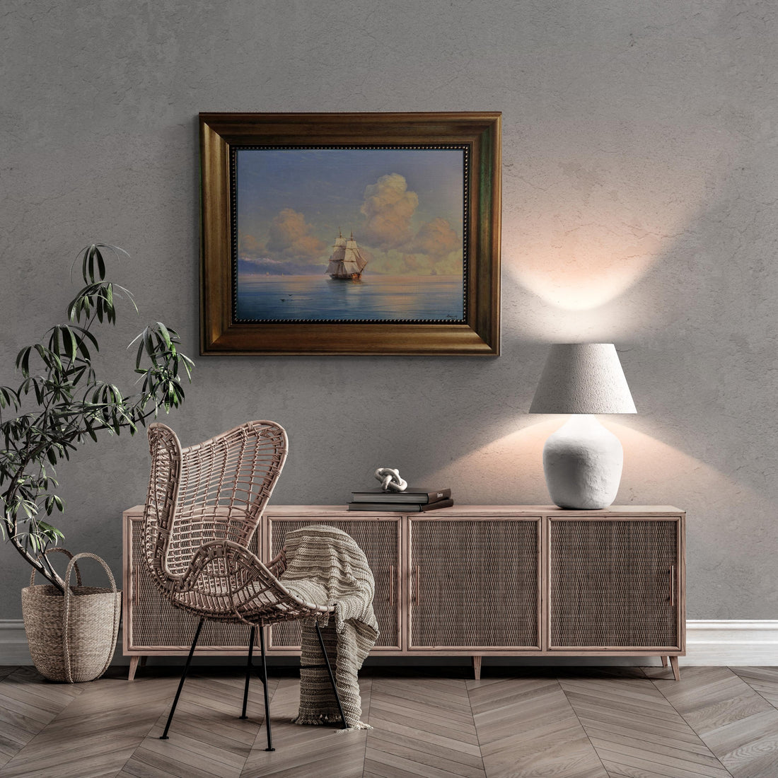 Aivazovsky Ship Giclée Canvas Print | 3D Brush Stroke, Golden Vintage Frame FOSHE ART