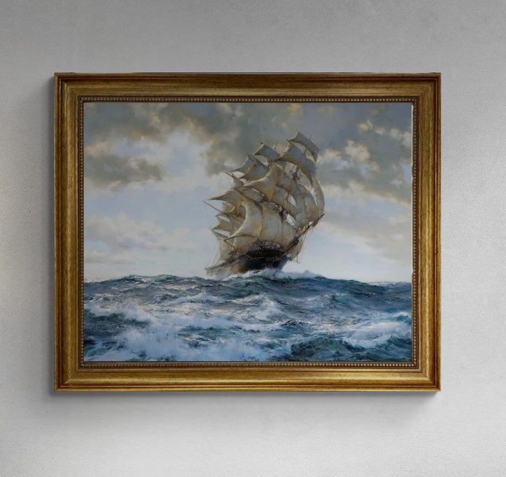 Vintage ship decor, Montague Dawson "The Proud Ship" framed canvas print with brush strokes FOSHE ART