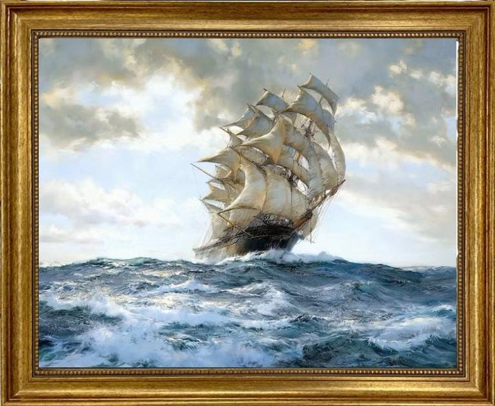Vintage ship decor, Montague Dawson "The Proud Ship" framed canvas print with brush strokes FOSHE ART