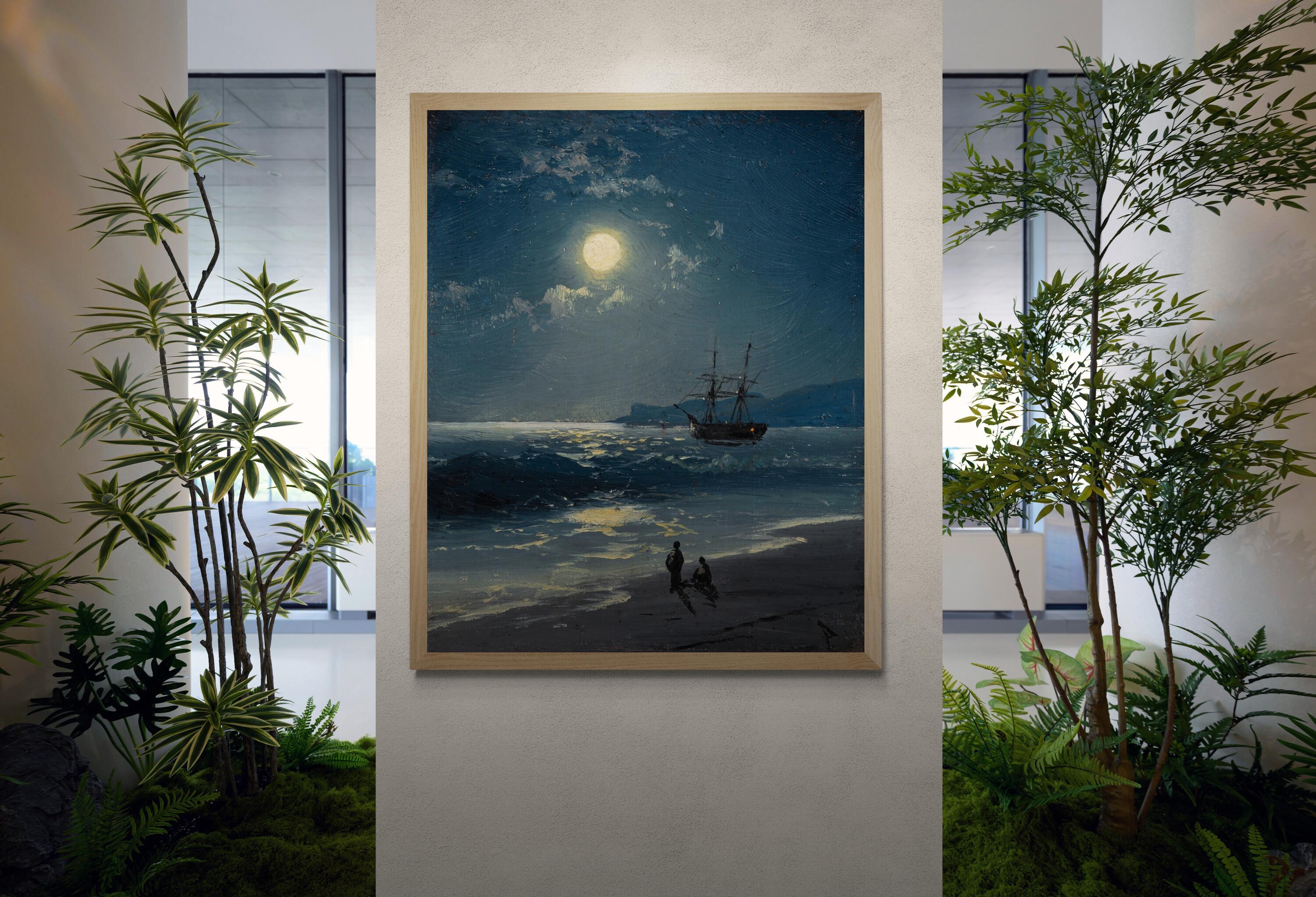 Sailing Ship Moonlight Seascape Art Print, Maritime Tall Ship Painting FOSHE ART