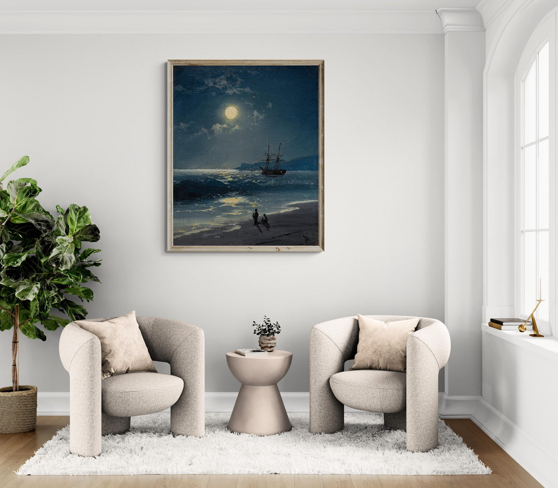 Sailing Ship Moonlight Seascape Art Print, Maritime Tall Ship Painting FOSHE ART
