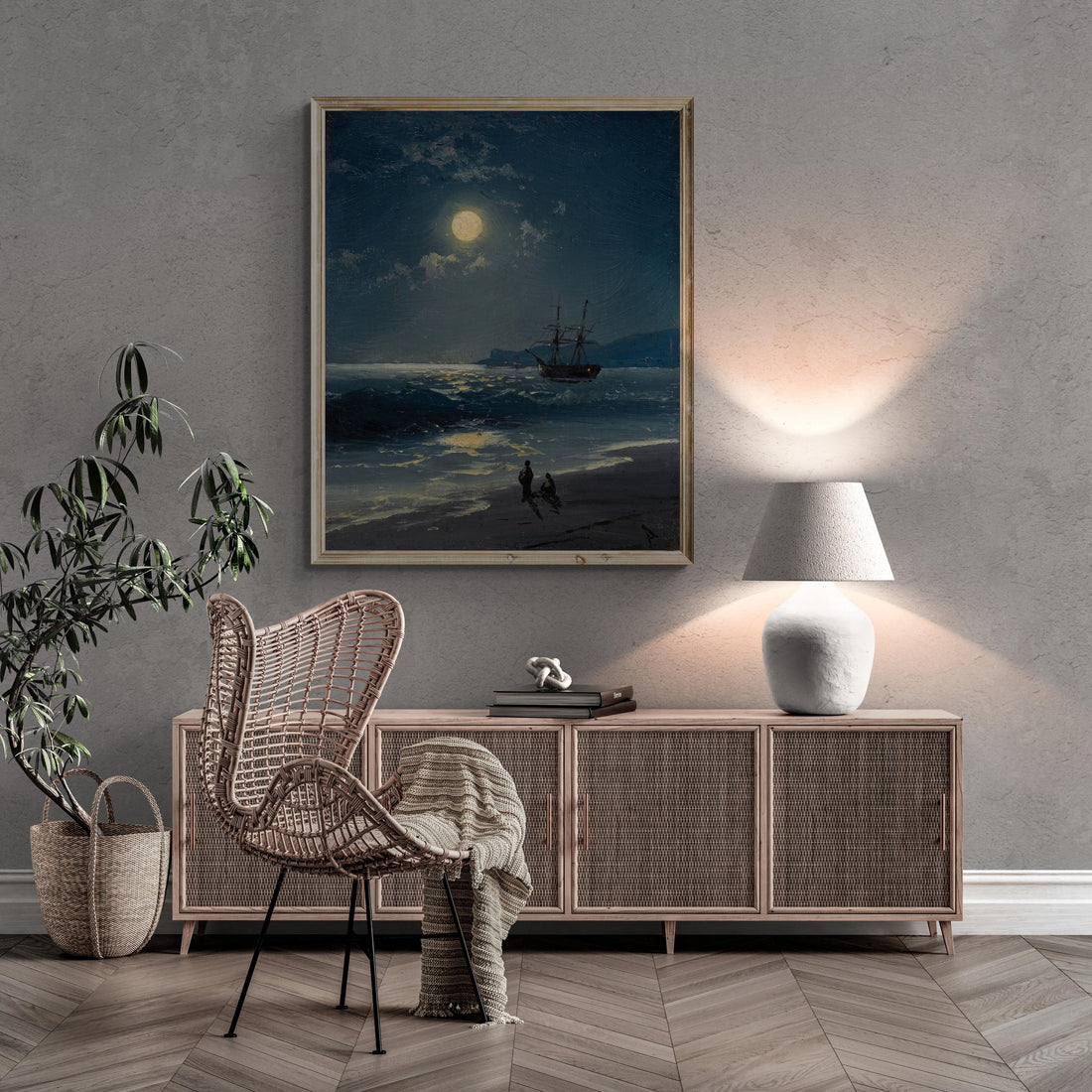 Sailing Ship Moonlight Seascape Art Print, Maritime Tall Ship Painting FOSHE ART
