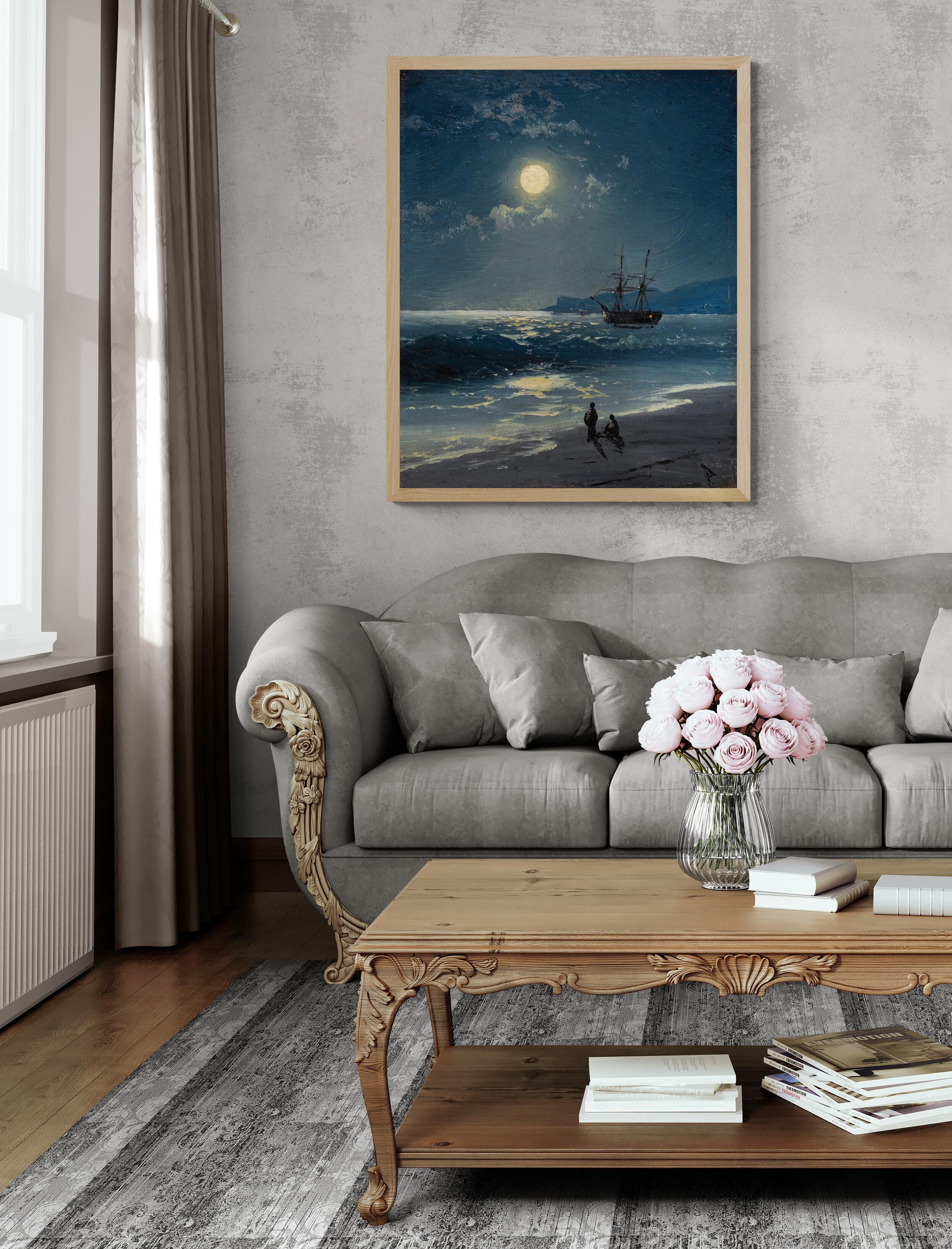Sailing Ship Moonlight Seascape Art Print, Maritime Tall Ship Painting FOSHE ART