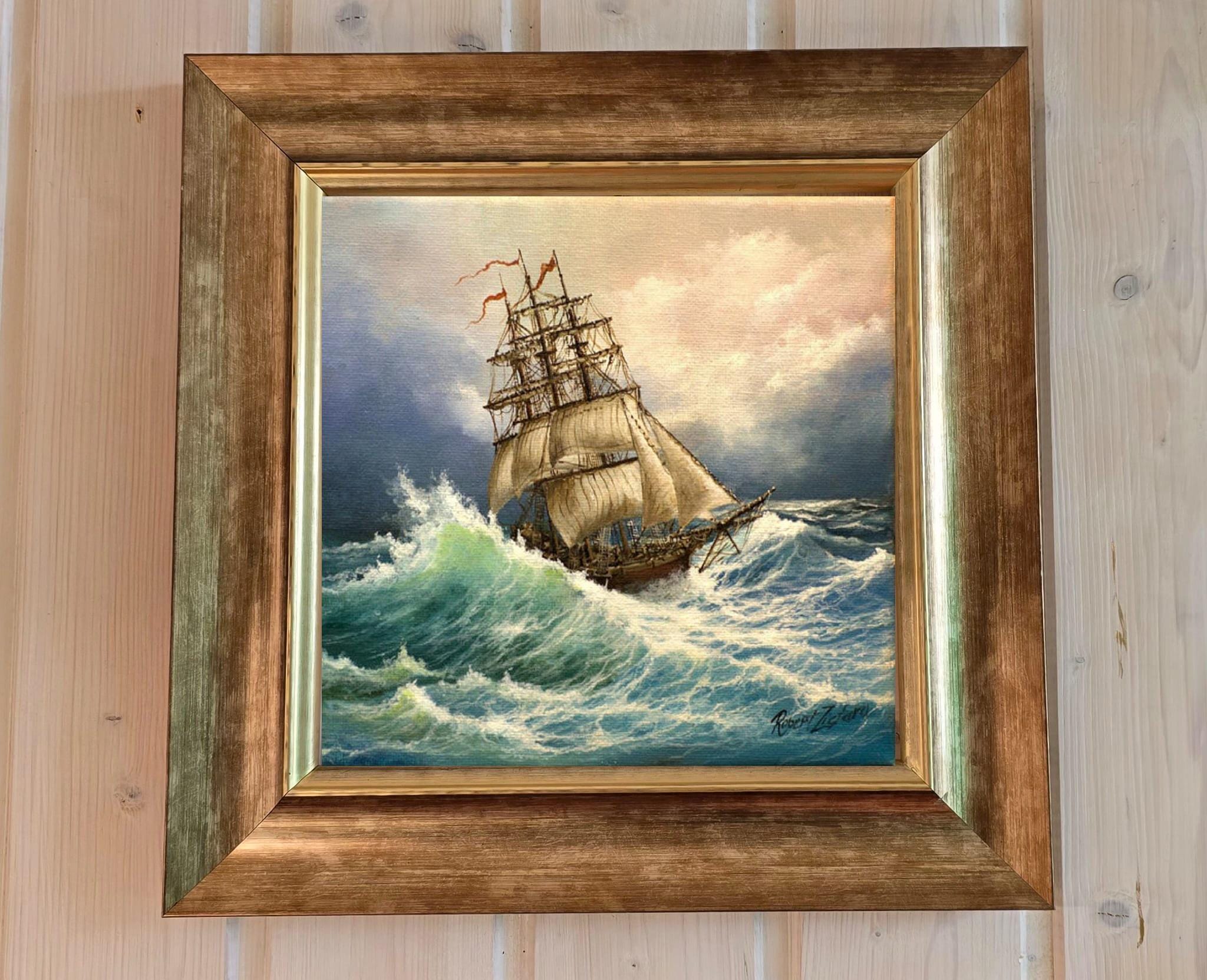 Tall Ship Canvas Print: 3D Texture, Golden Wooden Frame (15.7" x 15.7") FOSHE ART