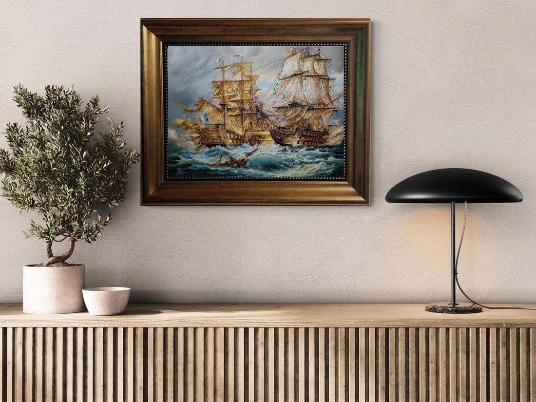 Battle of Trafalgar HMS Victory, Giclée Canvas Print with Vintage Frame FOSHE ART