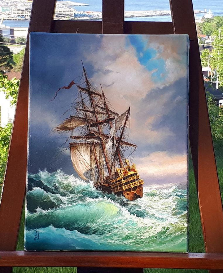 Ship original painting "After Storm", Decorative-vintage seascape, canvas ship tall painting, sailing ship at sea gift, customer commission