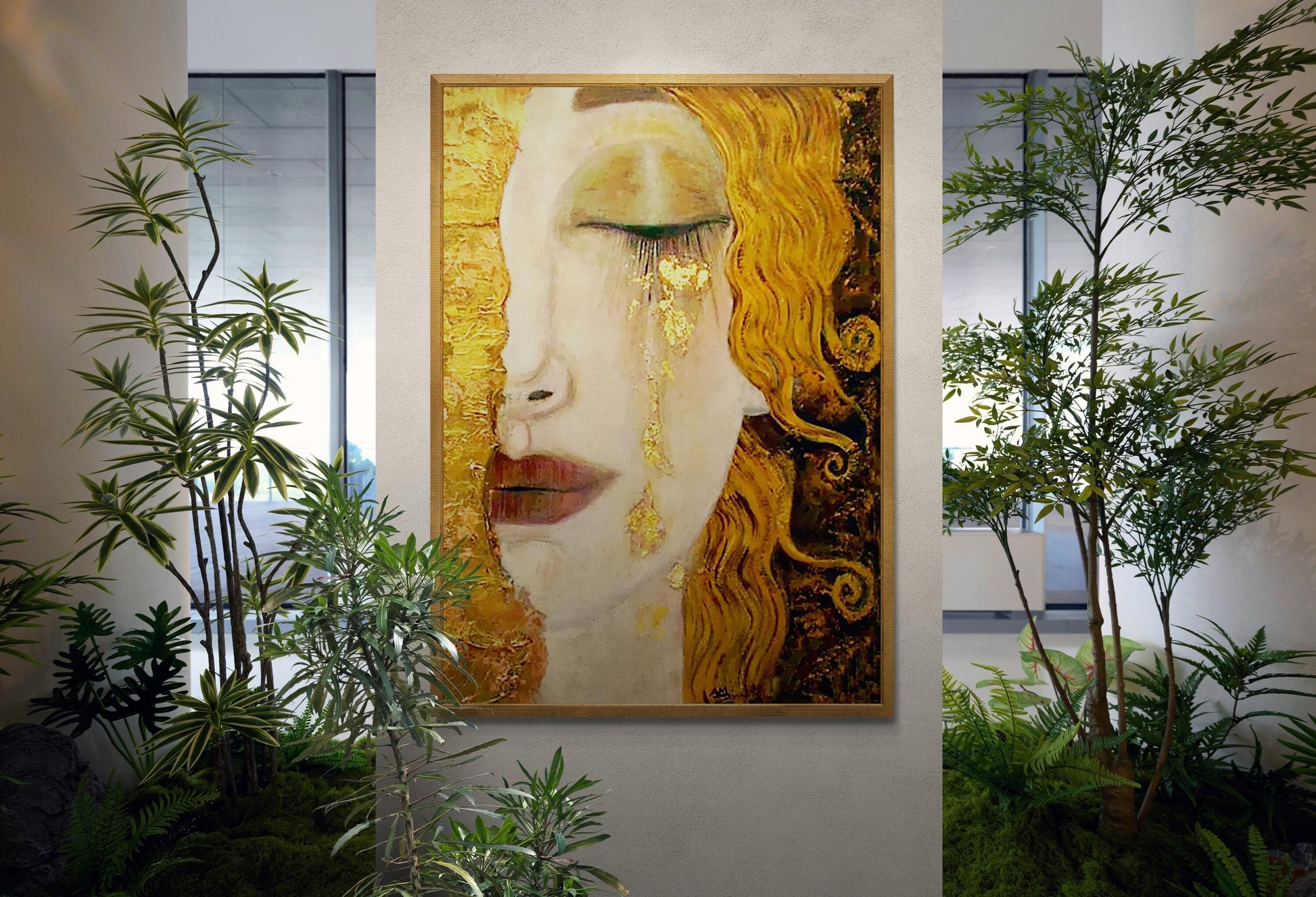 Golden Tears Art Print | Gustav Klimt-Inspired Wall Art | Freya's Tears Canvas | 3D texture Print with Brush Strokes | Elegant Women’s Décor FOSHE ART