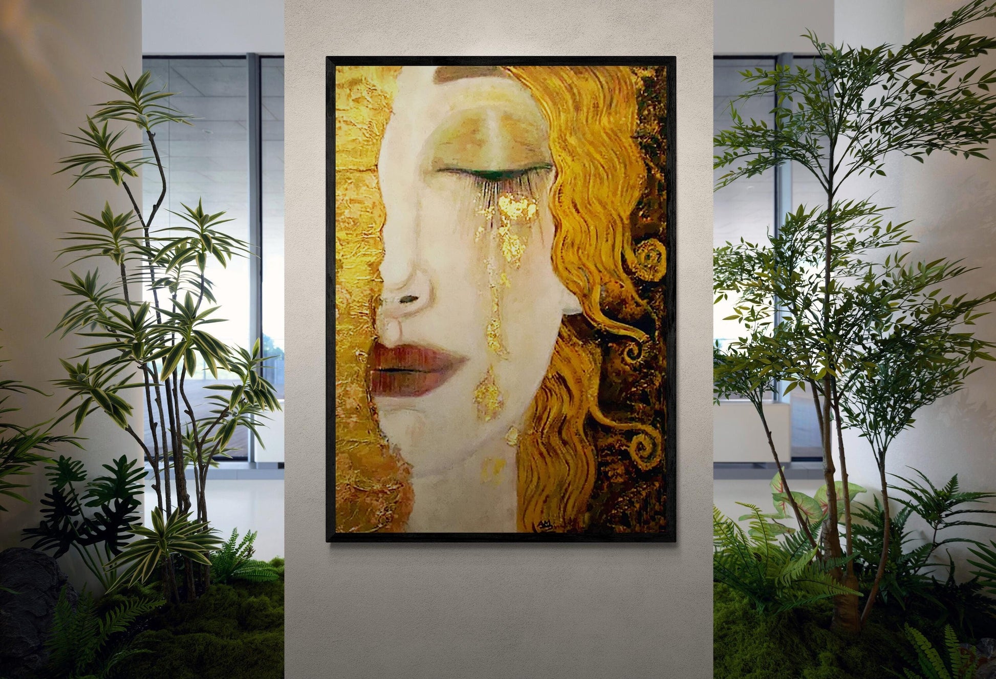 Golden Tears Art Print | Gustav Klimt-Inspired Wall Art | Freya's Tears Canvas | 3D texture Print with Brush Strokes | Elegant Women’s Décor FOSHE ART