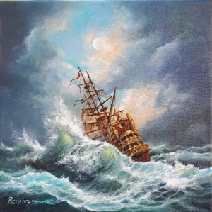 STORMY SEA: original oil on canvas tall ship painting, seascape wall art, sailing ship decor, ship stormy landscape, customer commission