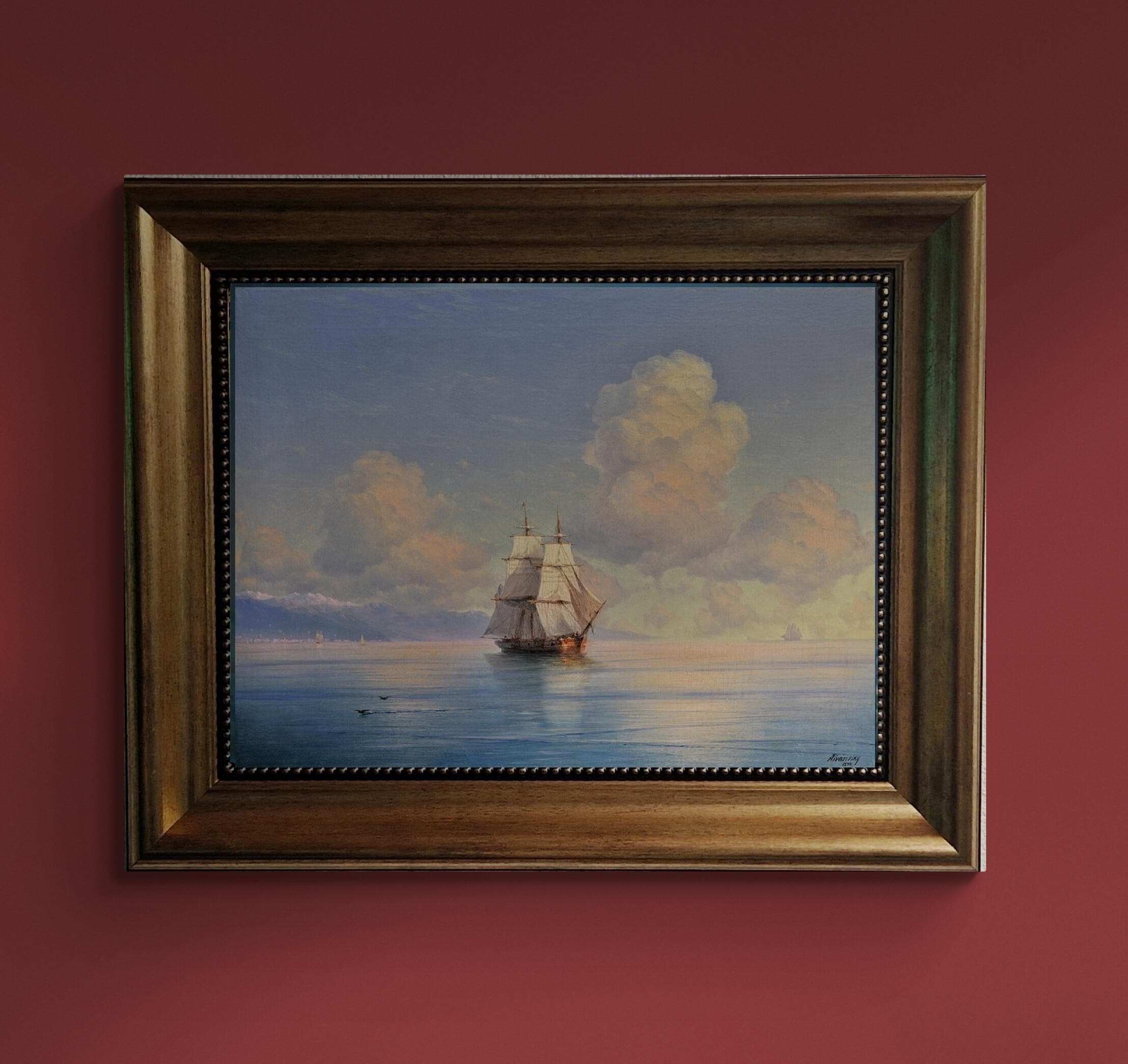 Aivazovsky Ship Giclée Canvas Print | 3D Brush Stroke, Golden Vintage Frame FOSHE ART
