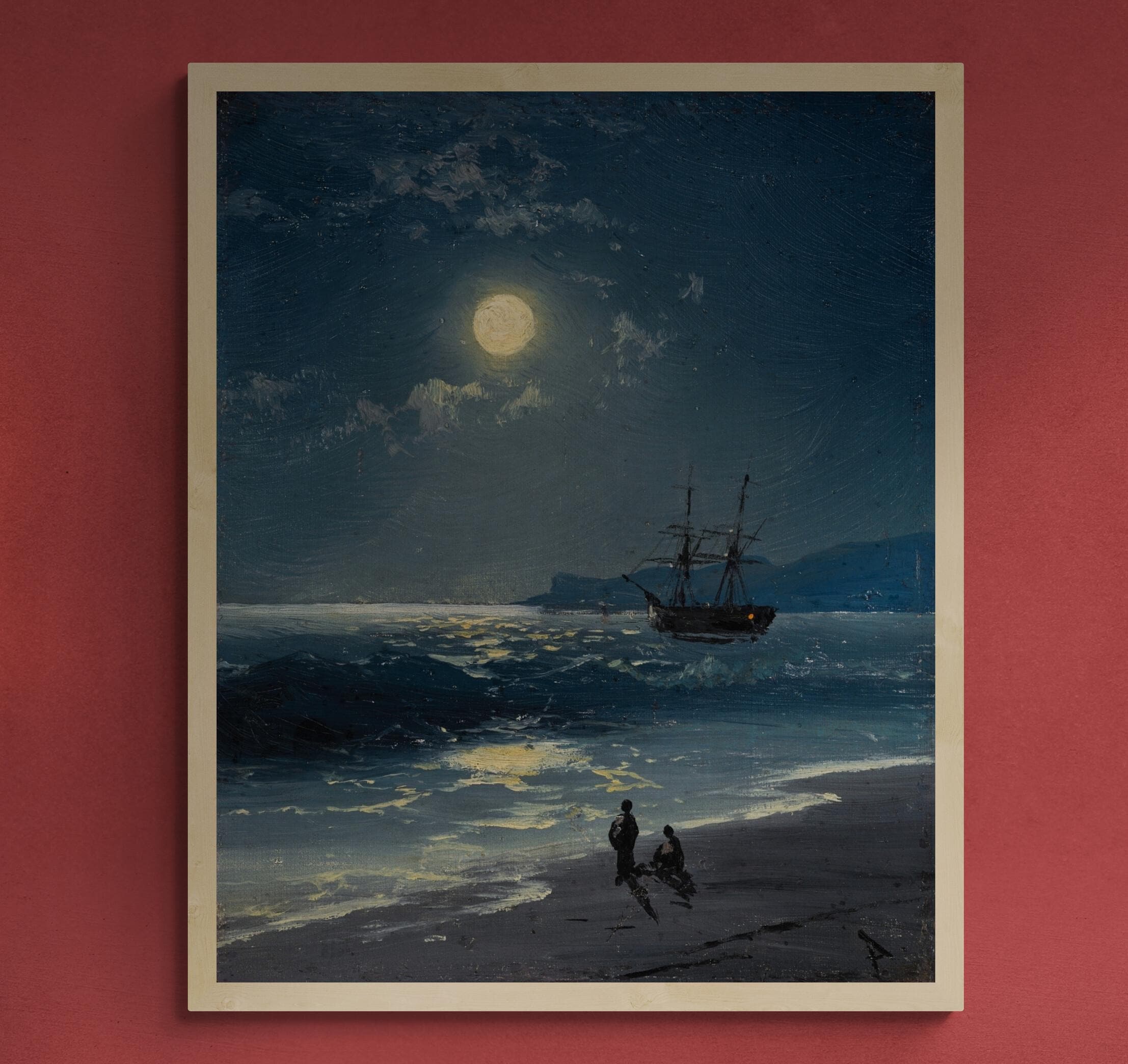 Sailing Ship Moonlight Seascape Art Print, Maritime Tall Ship Painting FOSHE ART