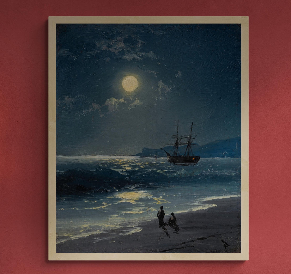 Sailing Ship Moonlight Seascape Art Print, Maritime Tall Ship Painting FOSHE ART