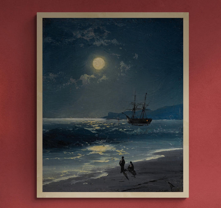 Sailing Ship Moonlight Seascape Art Print, Maritime Tall Ship Painting FOSHE ART