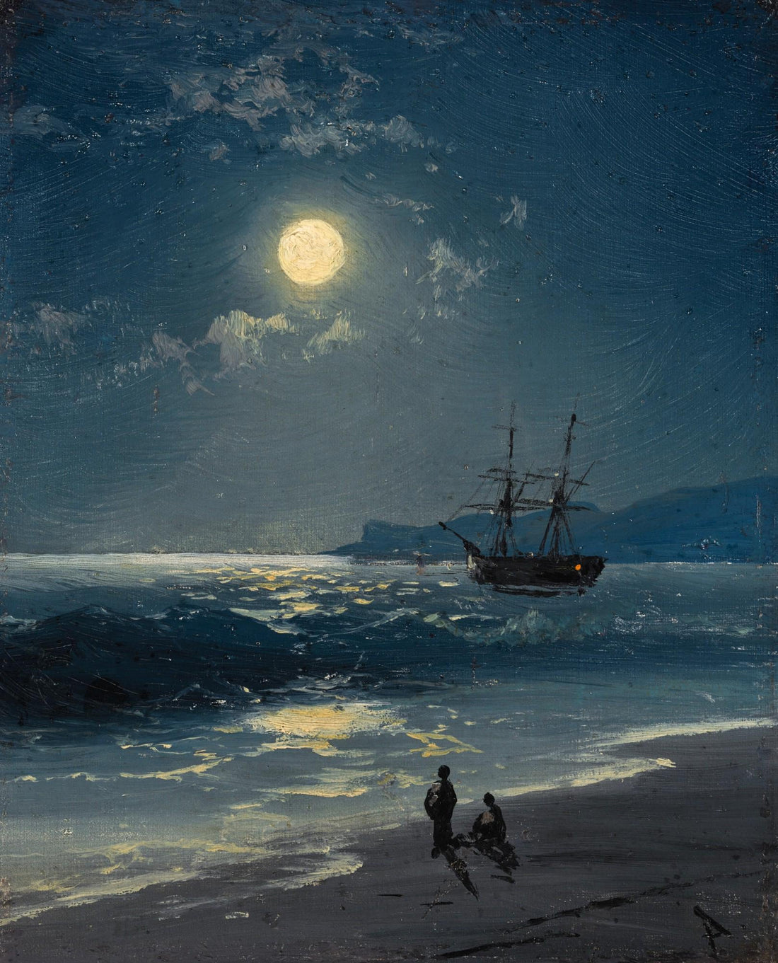 Sailing Ship Moonlight Seascape Art Print, Maritime Tall Ship Painting FOSHE ART