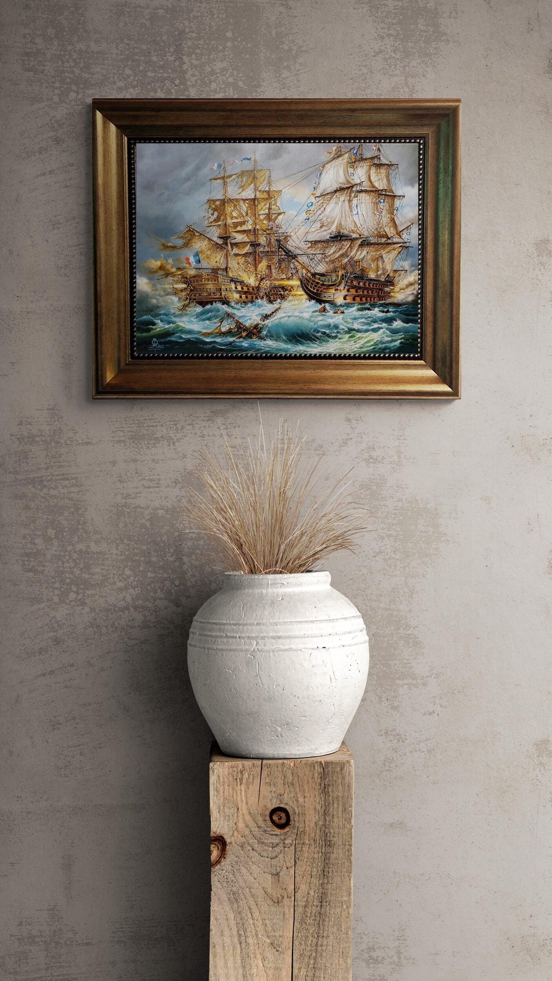 Battle of Trafalgar HMS Victory, Giclée Canvas Print with Vintage Frame FOSHE ART