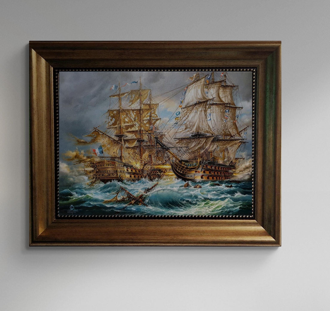 Battle of Trafalgar HMS Victory, Giclée Canvas Print with Vintage Frame FOSHE ART
