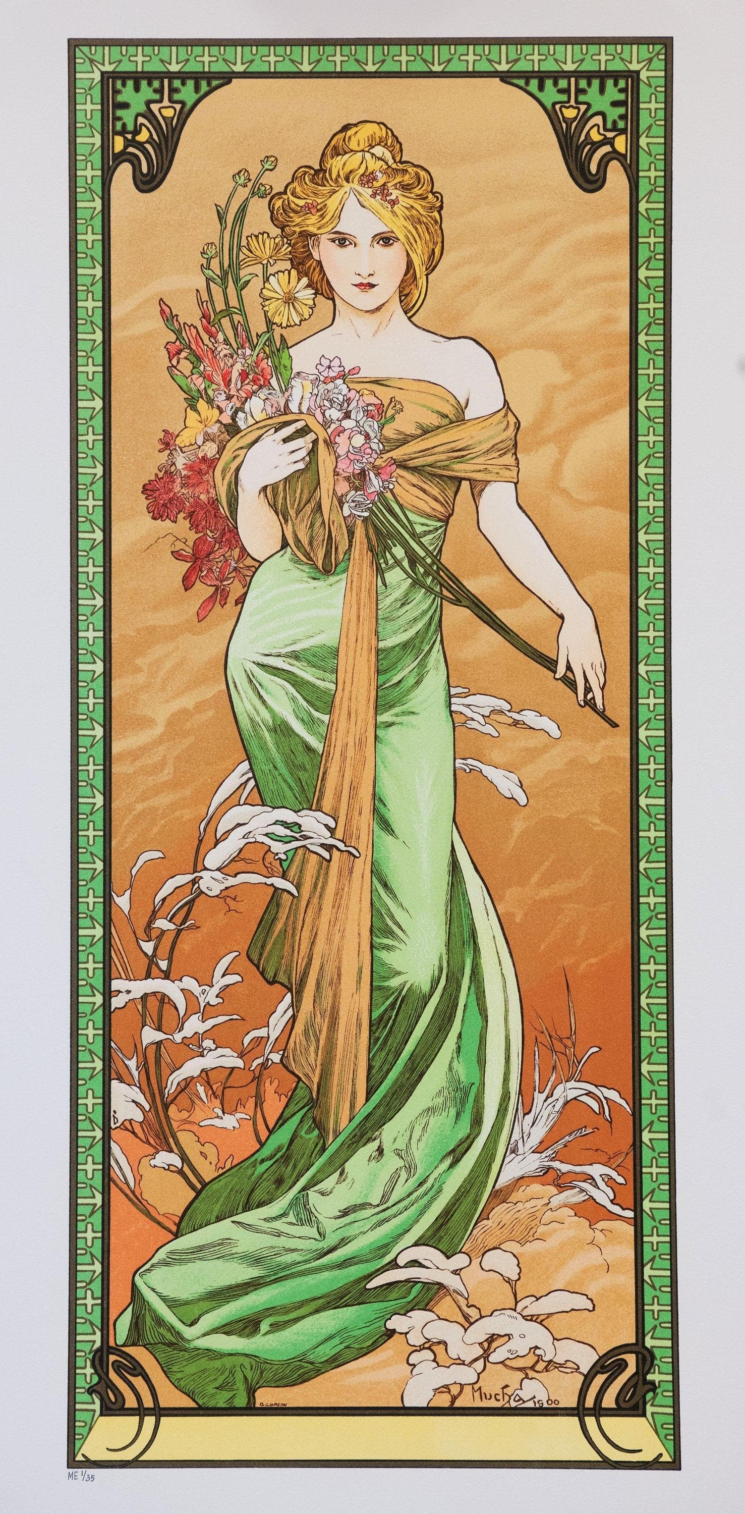 Framed Art Nouveau Print: Alfons Mucha's "Spring" with Golden Frame FOSHE ART