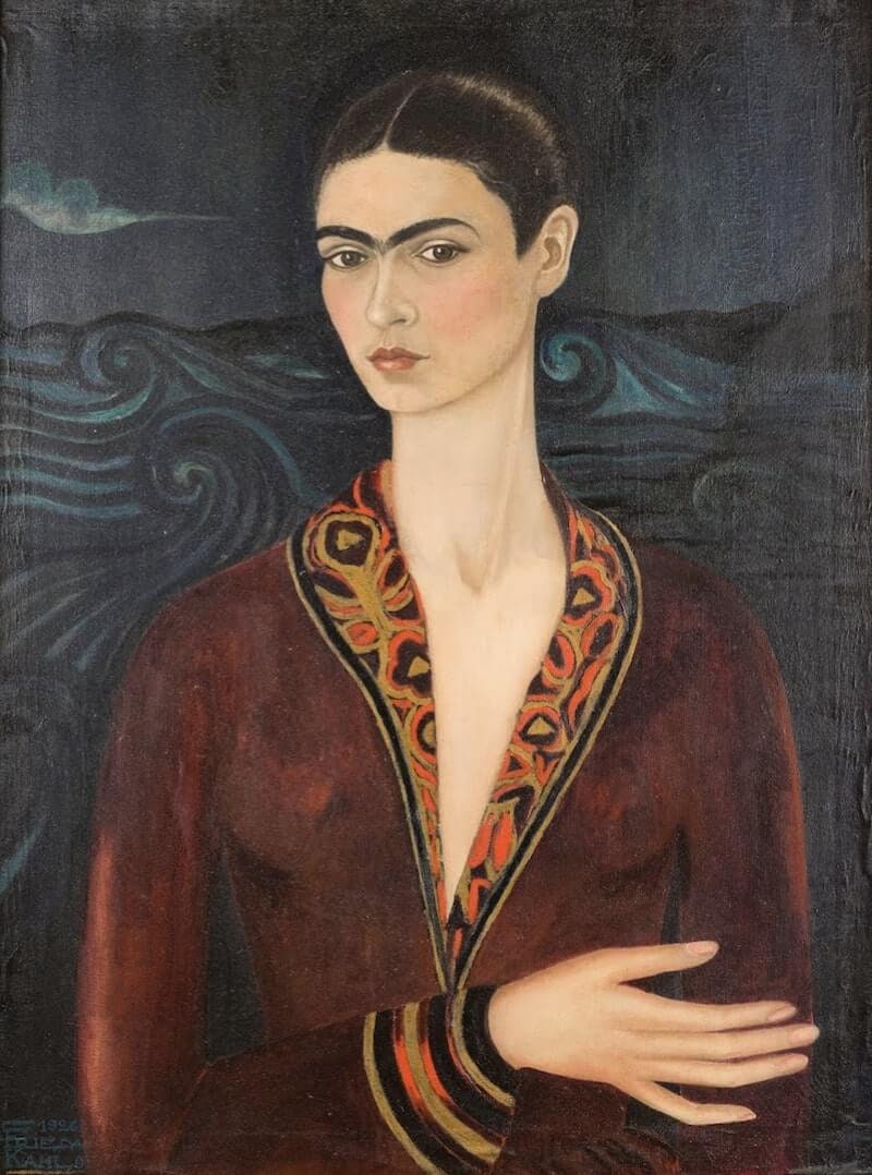 Frida Kahlo Self-Portrait Print, Velvet Dress, 3D Hand Finish Canvas FOSHE ART