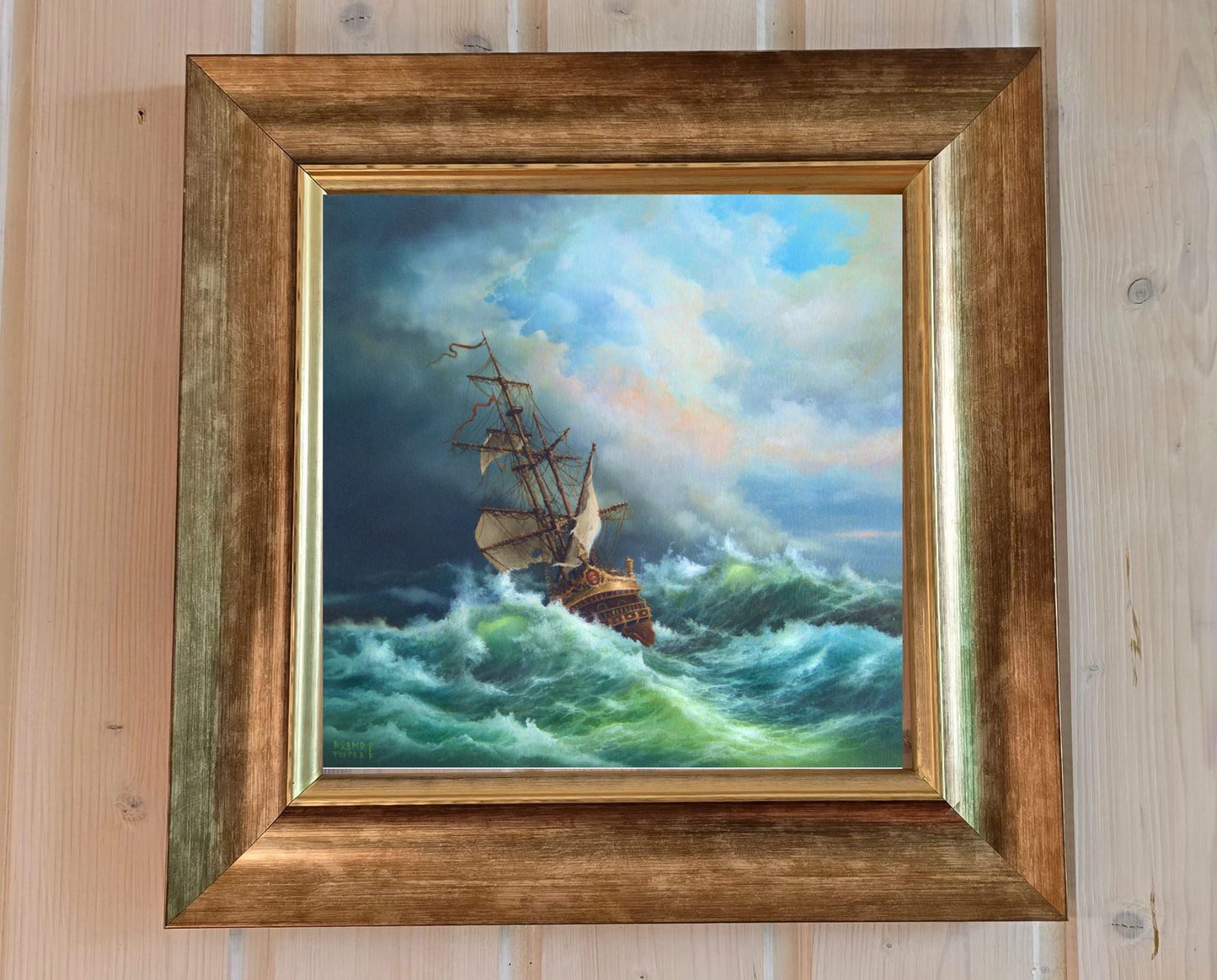 Robert Zietara Seascape: "After Storm" Giclée Canvas Print with Golden Frame (15.7x15.7") FOSHE ART