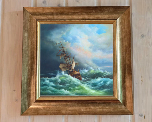 Robert Zietara Seascape: "After Storm" Giclée Canvas Print with Golden Frame (15.7x15.7") FOSHE ART