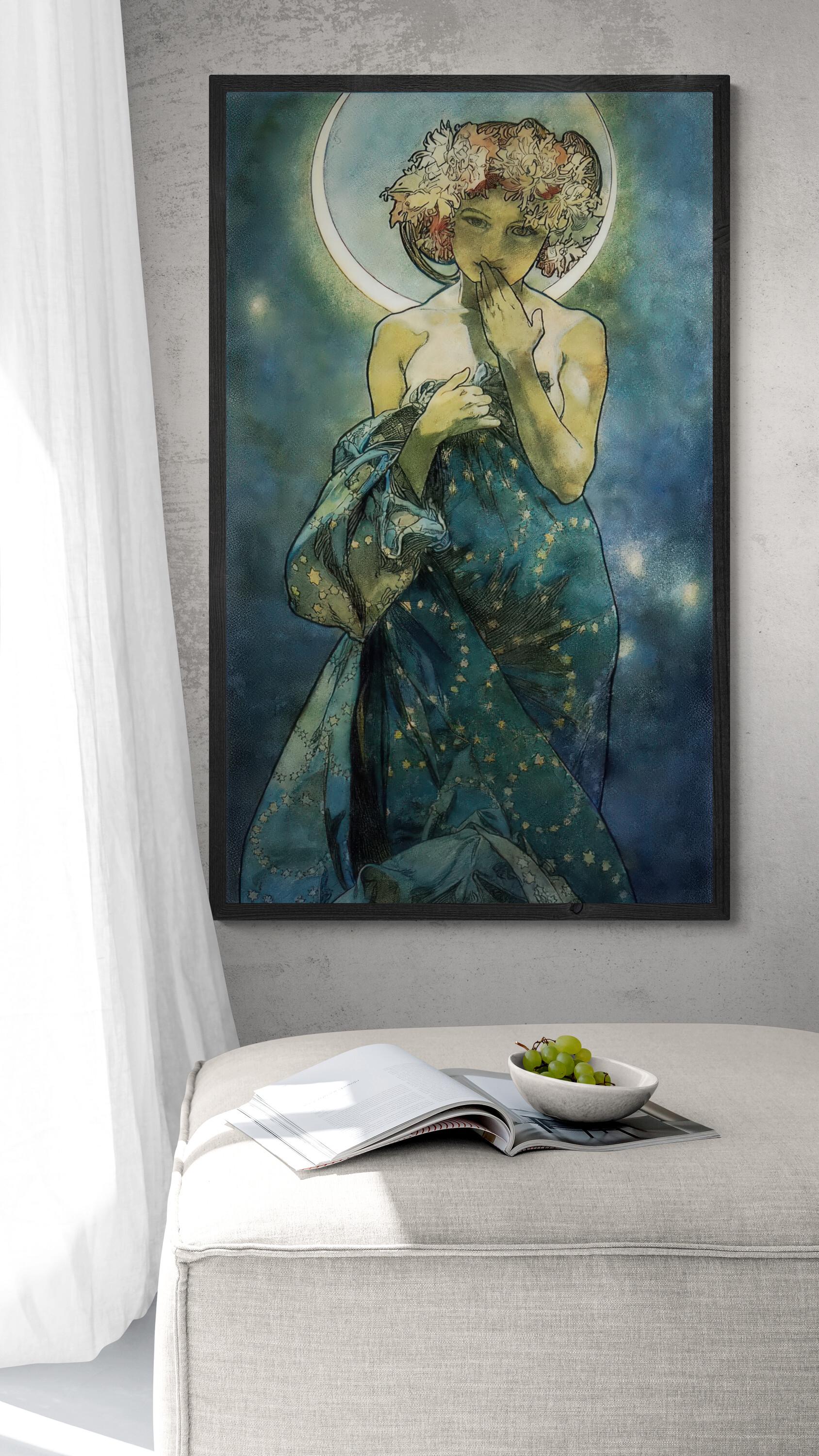ALPHONSE MUCHA Moon reproduction, Heavyweight real Canvas, 3D hand finish print with brush strokes, floating frame, looks like original art FOSHE ART