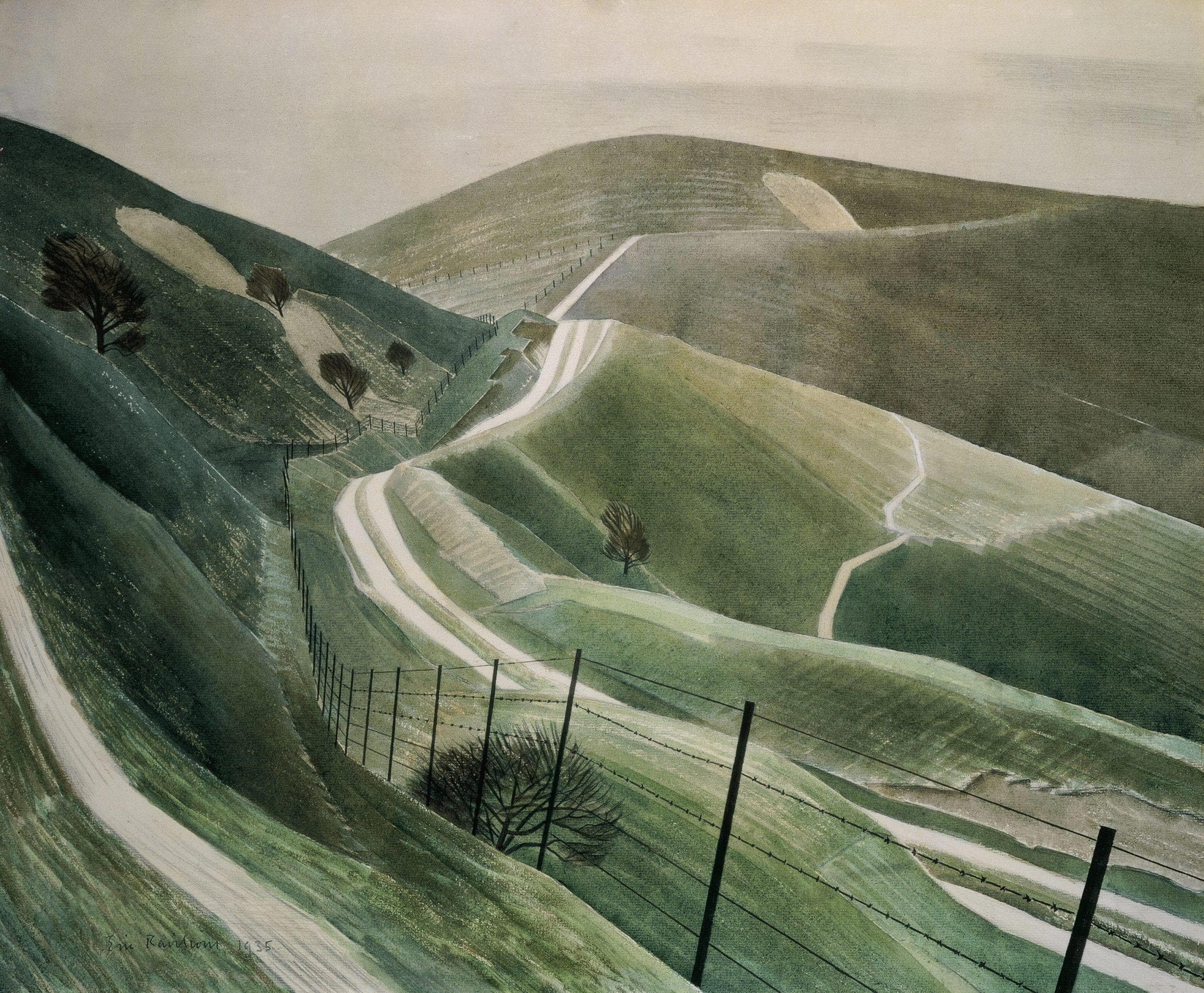 Eric Ravilious Chalk Paths Canvas Print, Floating Frame and Brush Strokes, Nature Wall Art FOSHE ART