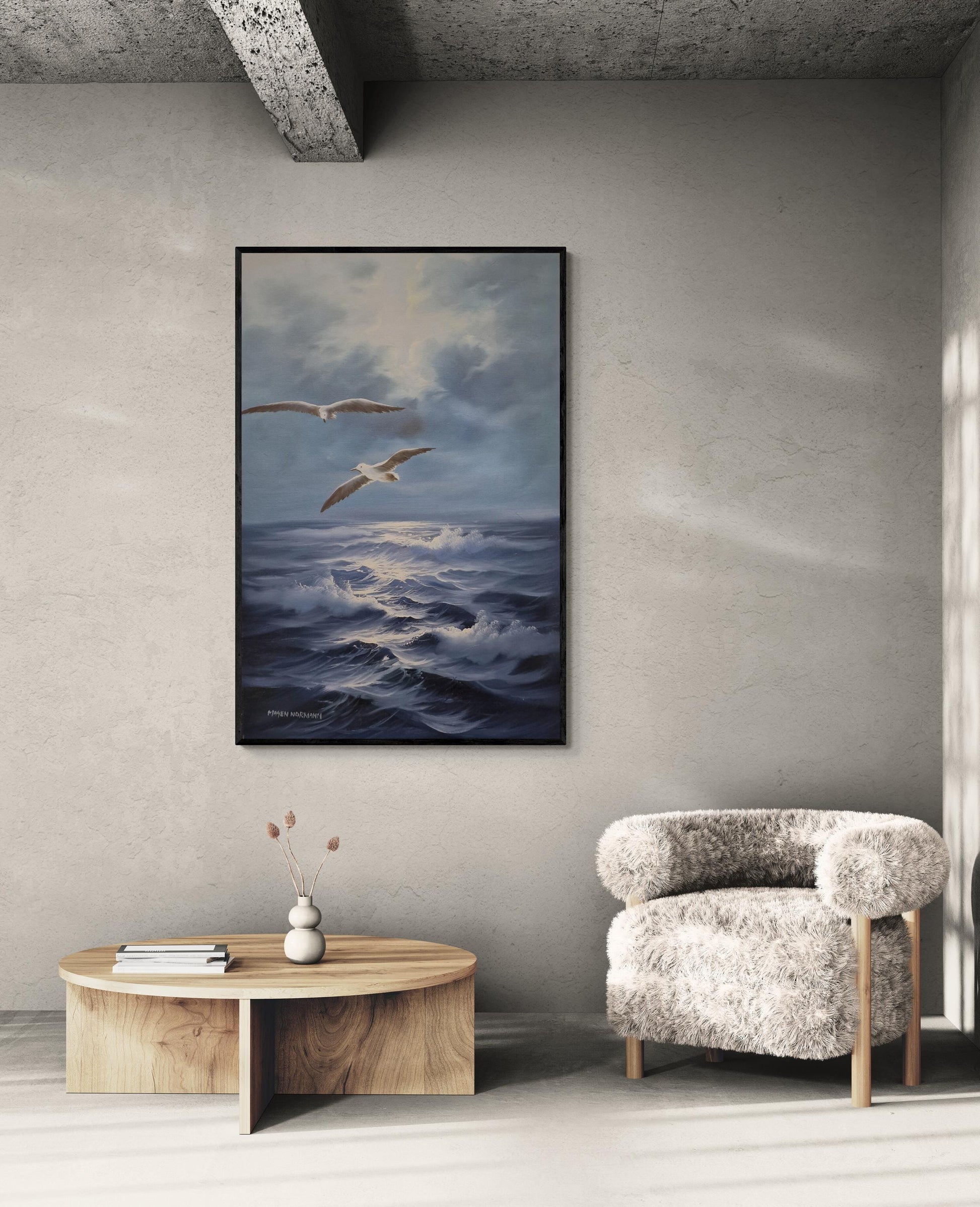 Seascape painting artful original oil painting on canvas 35.4x23.6" with black floating frame, Blue ocean and flying seagull large wall arts FOSHE ART