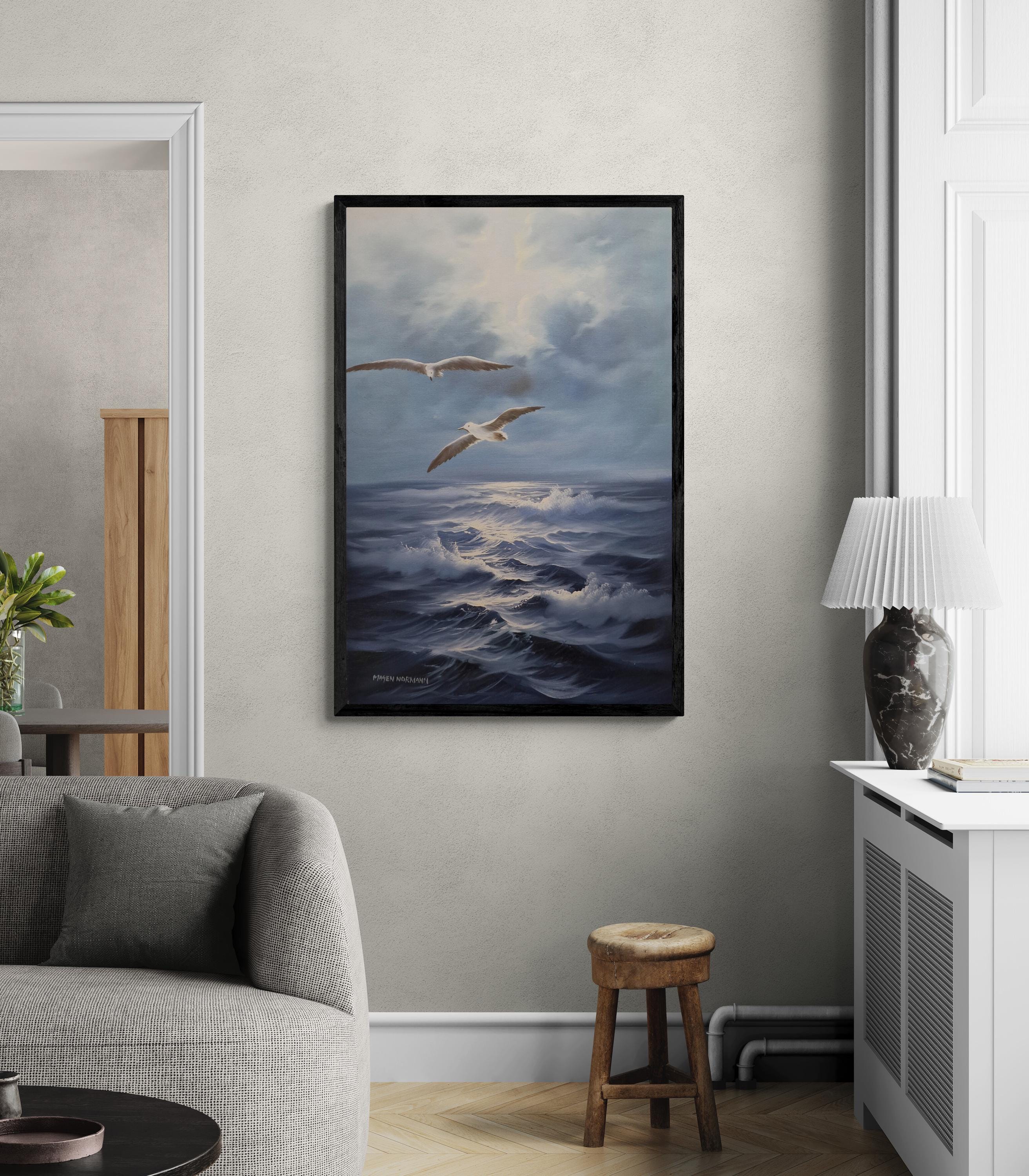 Seascape painting artful original oil painting on canvas 35.4x23.6" with black floating frame, Blue ocean and flying seagull large wall arts FOSHE ART