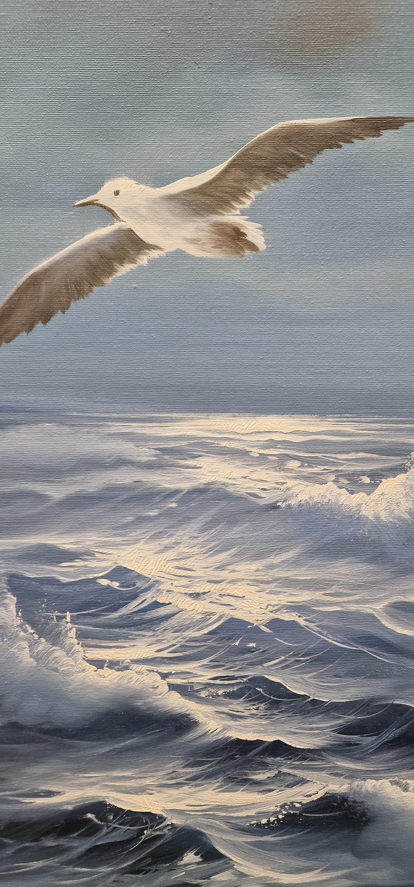 Seascape painting artful original oil painting on canvas 35.4x23.6" with black floating frame, Blue ocean and flying seagull large wall arts FOSHE ART