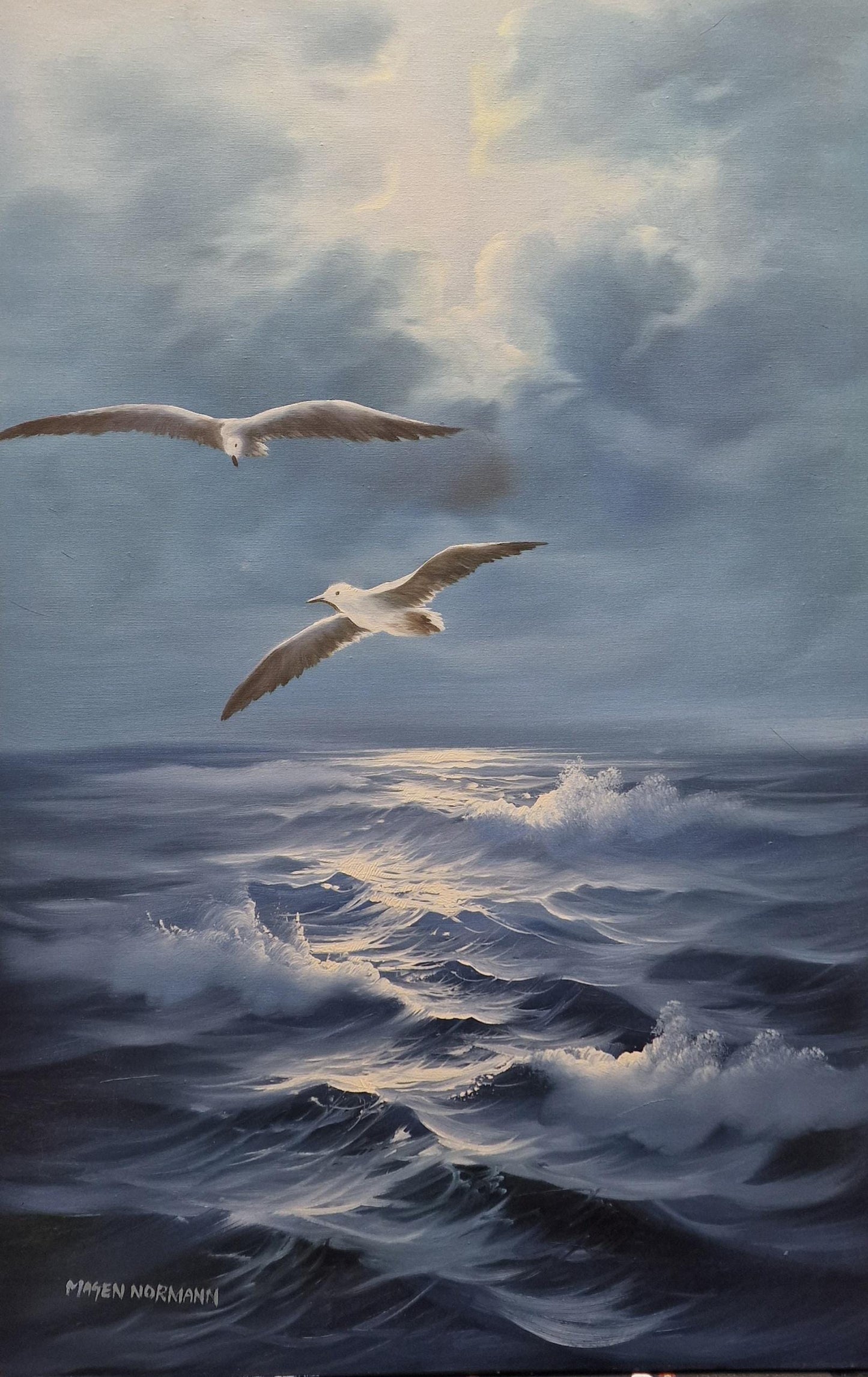 Seascape painting artful original oil painting on canvas 35.4x23.6" with black floating frame, Blue ocean and flying seagull large wall arts FOSHE ART