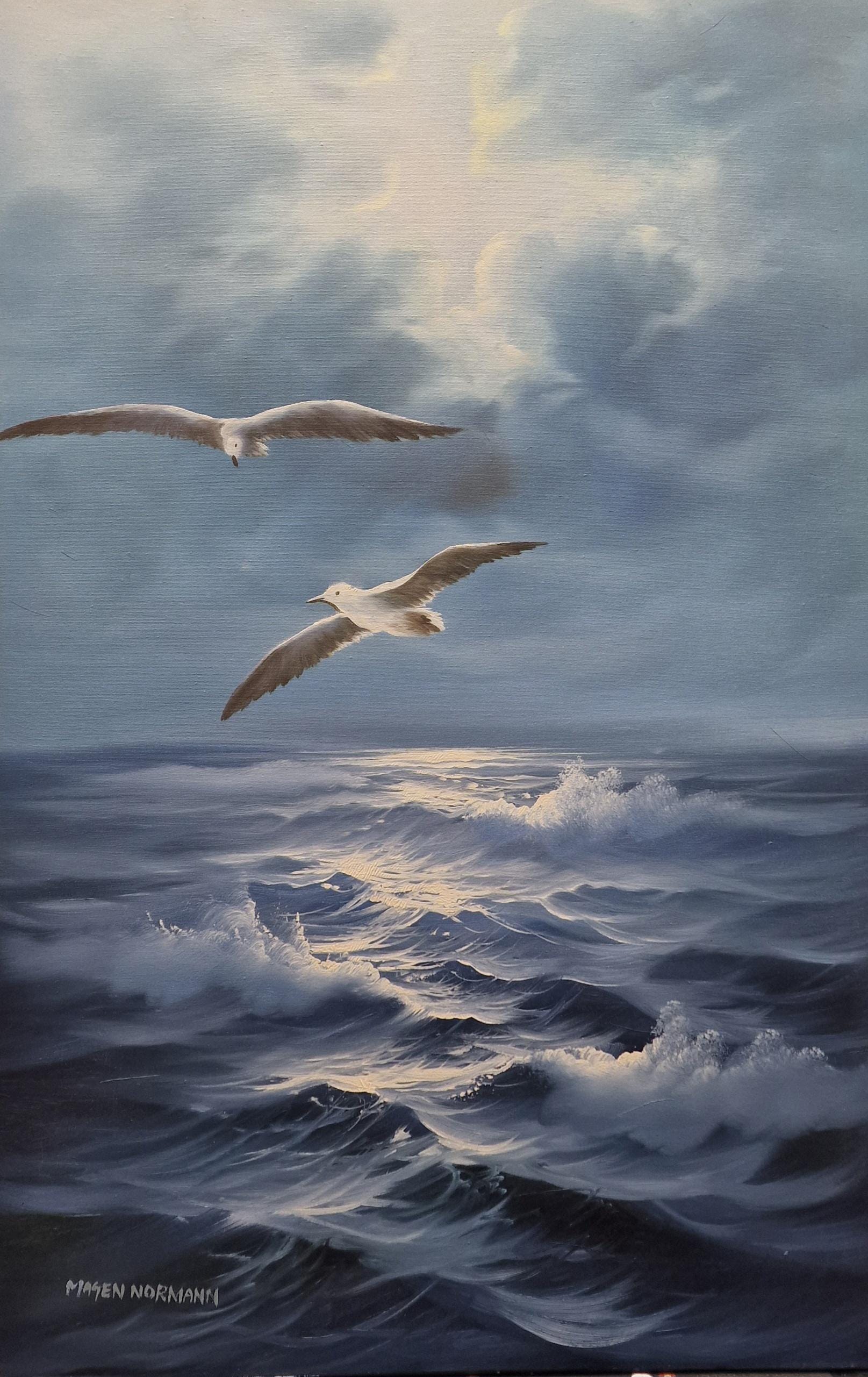 Seascape painting artful original oil painting on canvas 35.4x23.6" with black floating frame, Blue ocean and flying seagull large wall arts FOSHE ART
