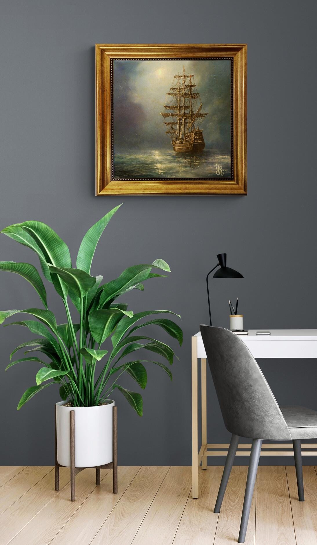 Mystic Voyage: Ship at Night, Gliclée canvas hand finished premium print with brush strokes and golden vintageous frame looks like original FOSHE ART