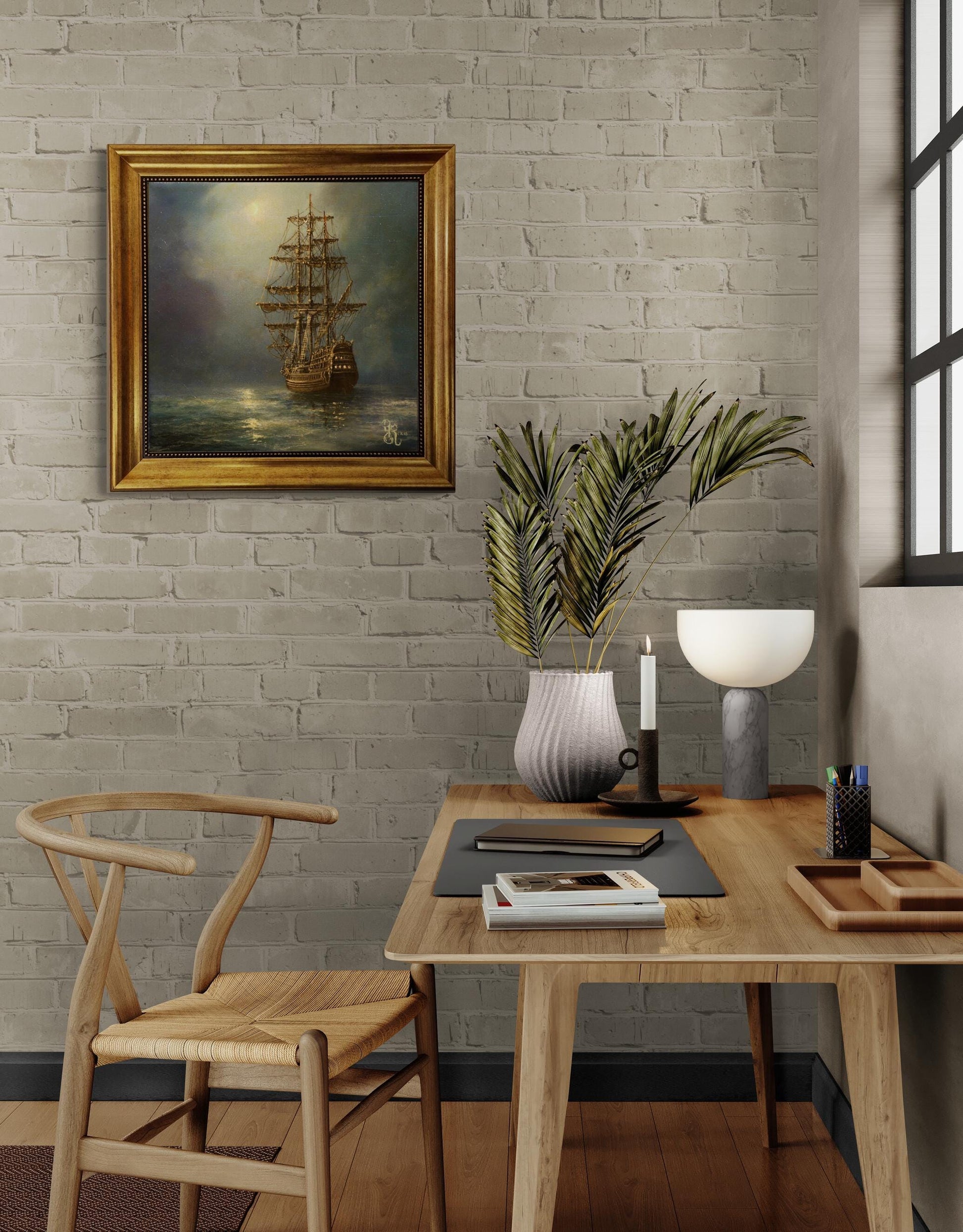 Mystic Voyage: Ship at Night, Gliclée canvas hand finished premium print with brush strokes and golden vintageous frame looks like original FOSHE ART