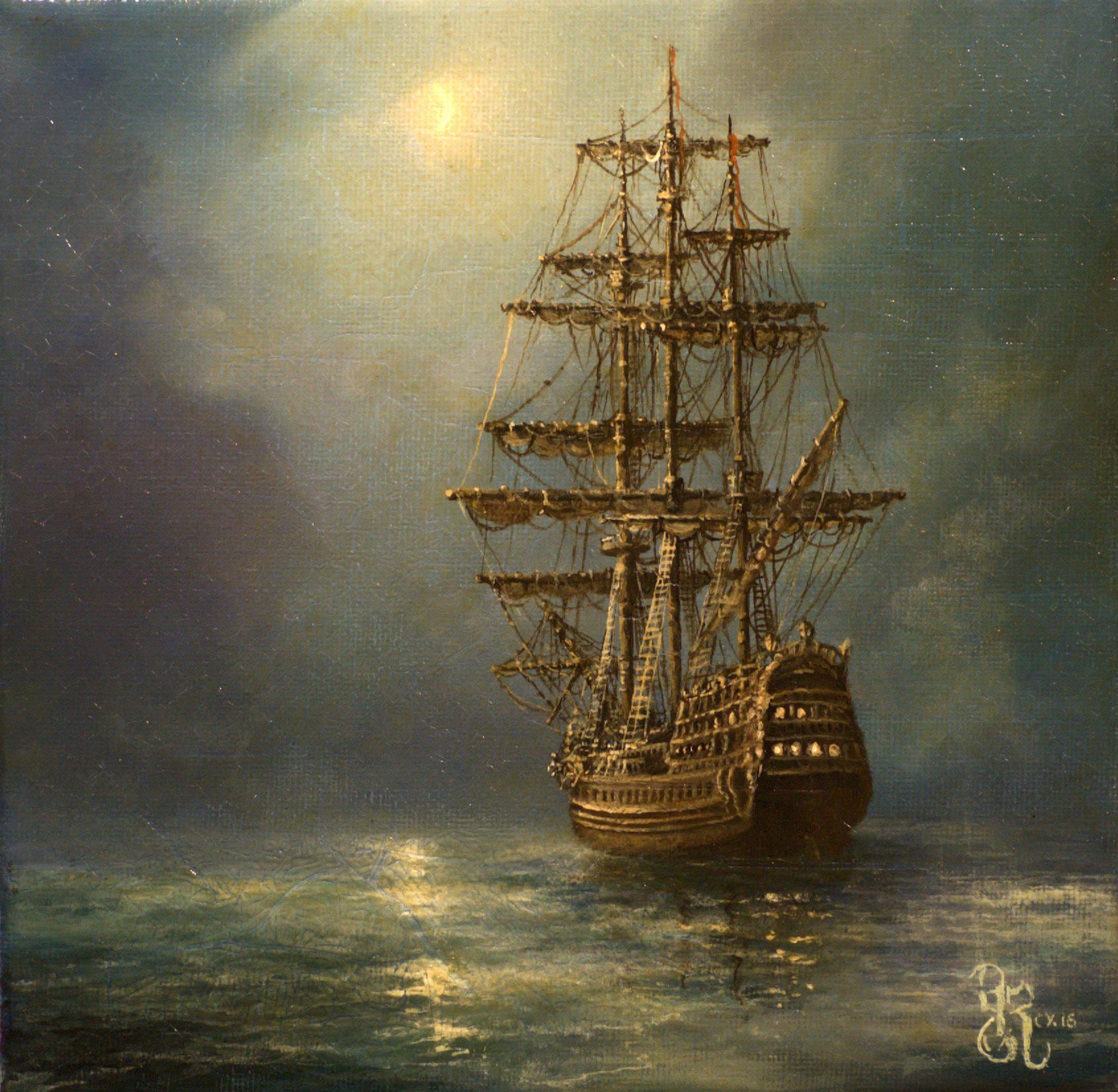 Ship at Night Canvas Print: Vintage Golden Frame, Textured Brushstrokes FOSHE ART