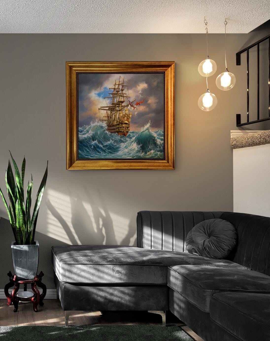 Tall Ship Canvas Art Print, Golden Vintage Frame, Brush Stroke Finish FOSHE ART