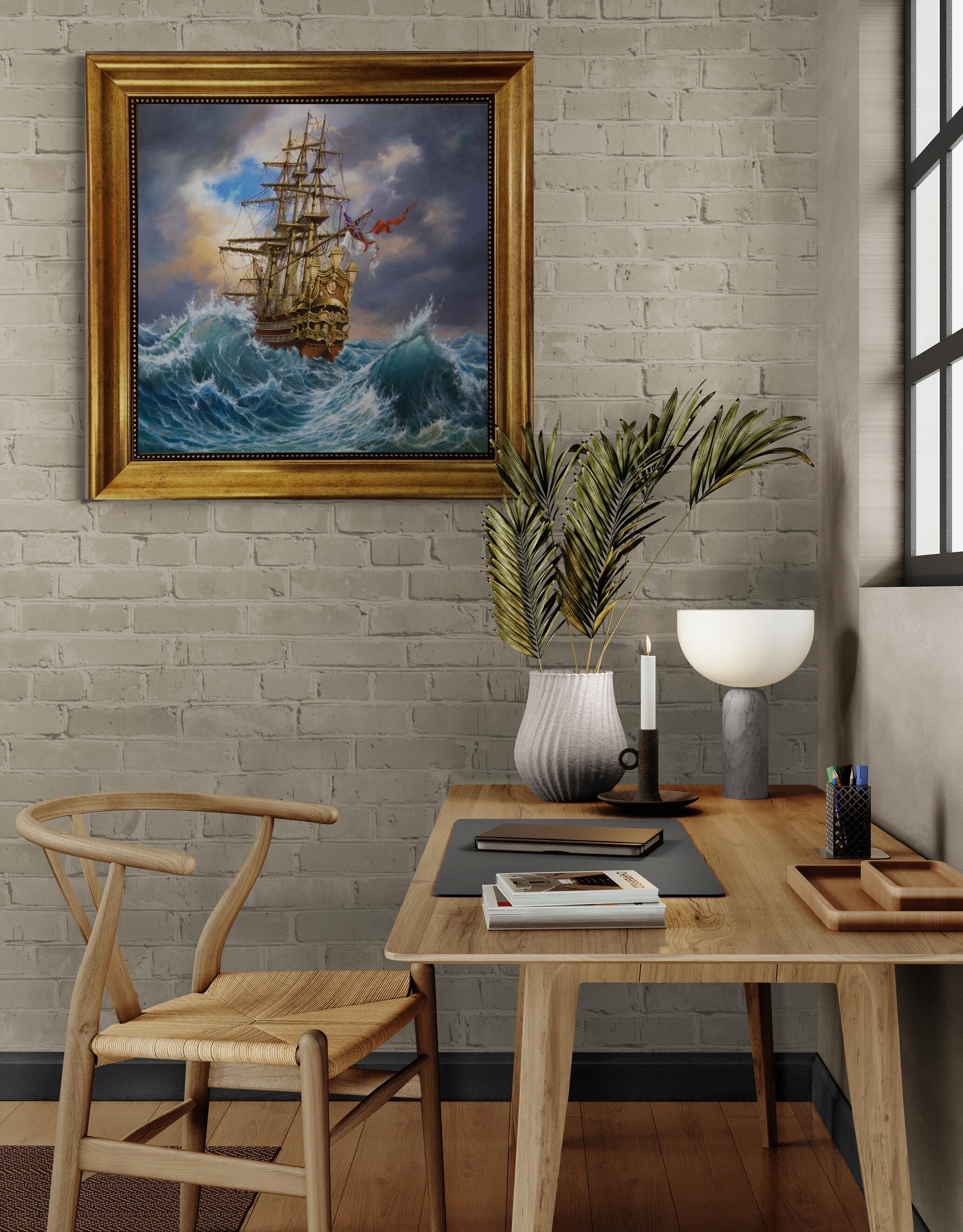 Tall Ship Canvas Art Print, Golden Vintage Frame, Brush Stroke Finish FOSHE ART
