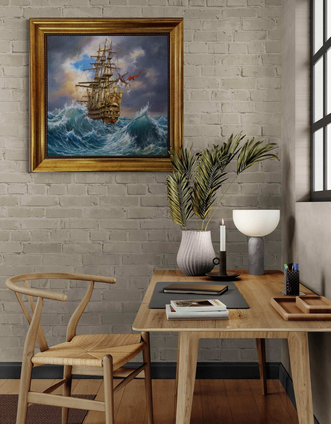 Tall Ship Canvas Art Print, Golden Vintage Frame, Brush Stroke Finish FOSHE ART