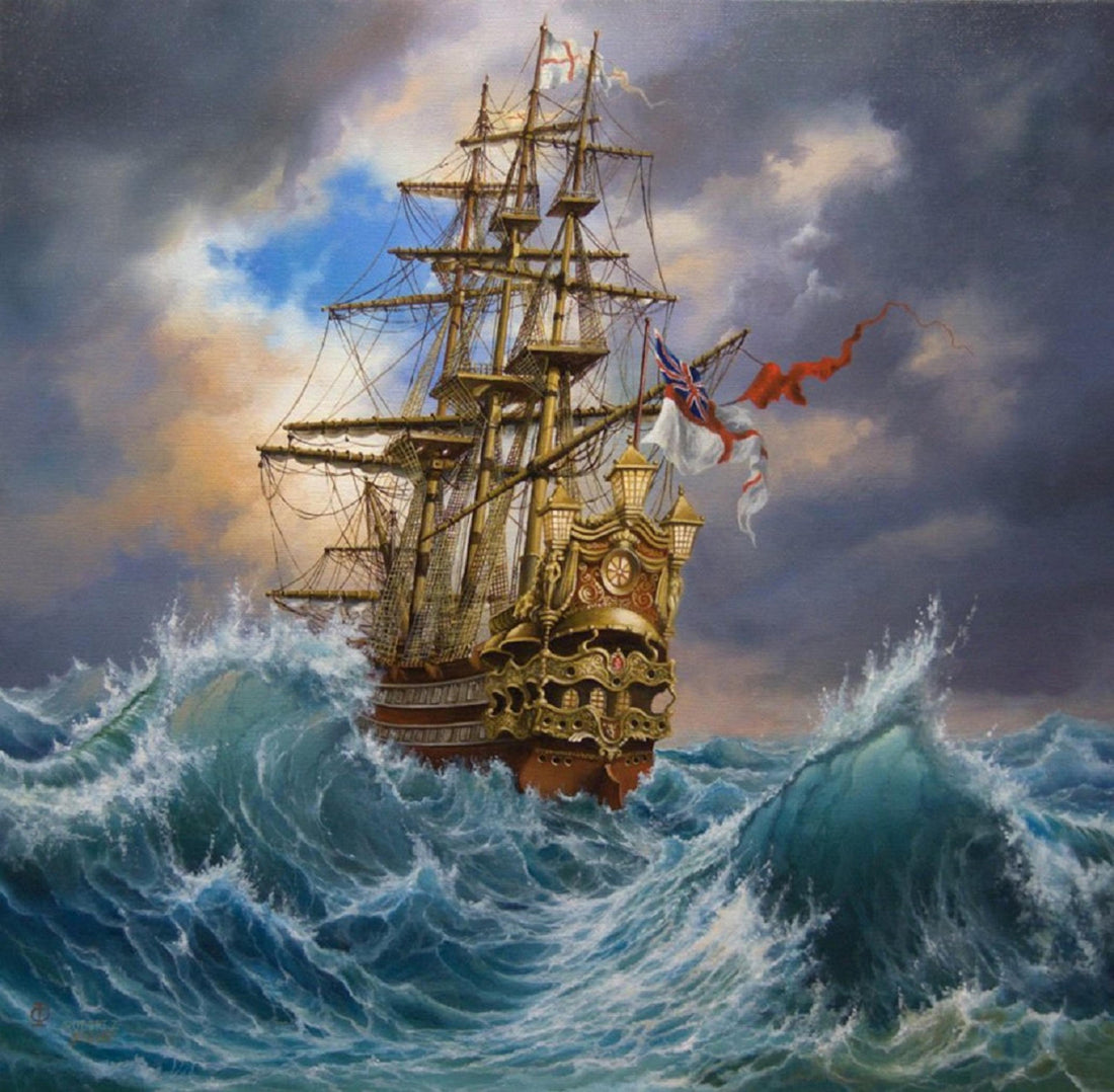 Tall Ship Canvas Art Print, Golden Vintage Frame, Brush Stroke Finish FOSHE ART